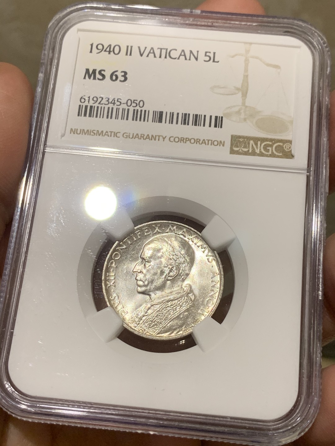 《竞宝斋》第54场-本周日，周一2场连拍（全场不限金额包邮） NGC-MS63 梵蒂冈 1940年 5里拉 银币 原光好品 非常漂亮