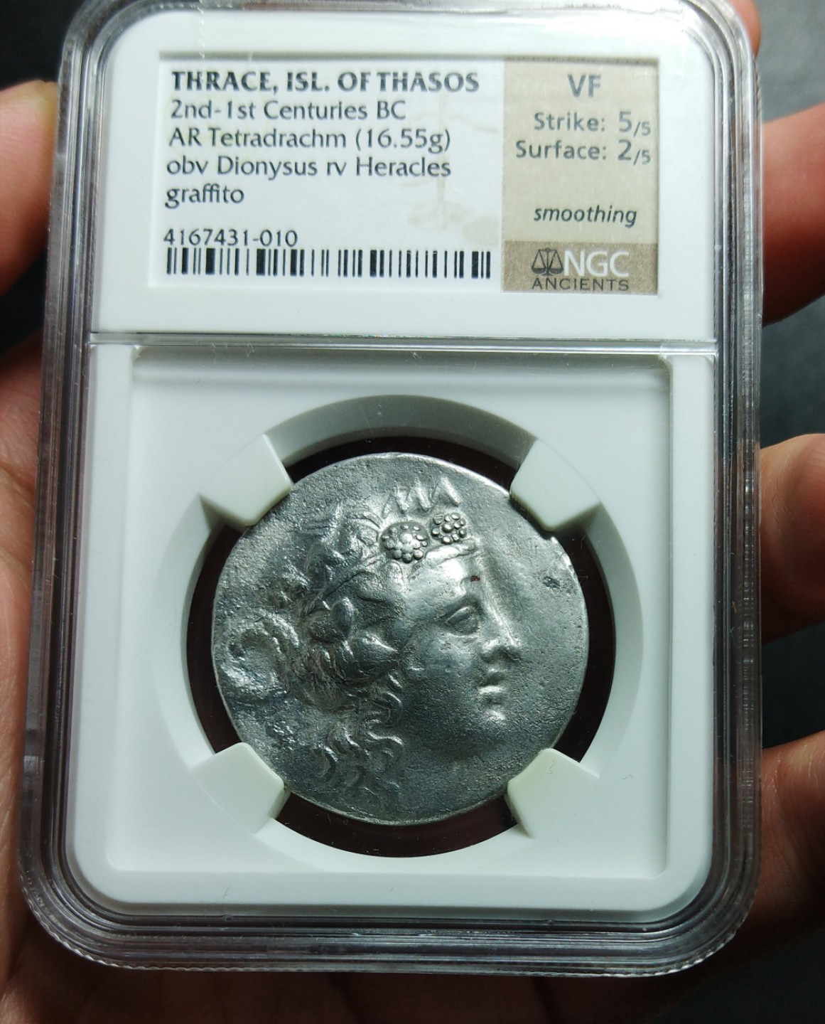 【古希腊币】NGC评级萨索斯岛酒神与大力神四德拉克马银币  