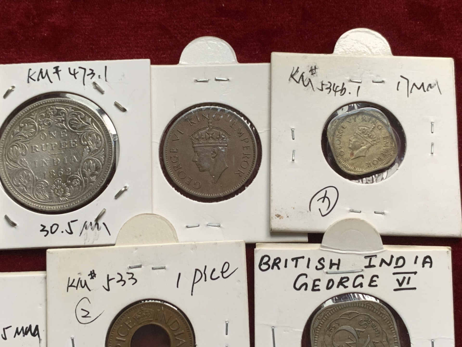 《竞宝斋》第54场-本周日，周一2场连拍（全场不限金额包邮） 英属印度 乔六 小面值币10枚 老藏家卡装 乔五1卢比，维多利亚1卢比，乔五海峡为银币