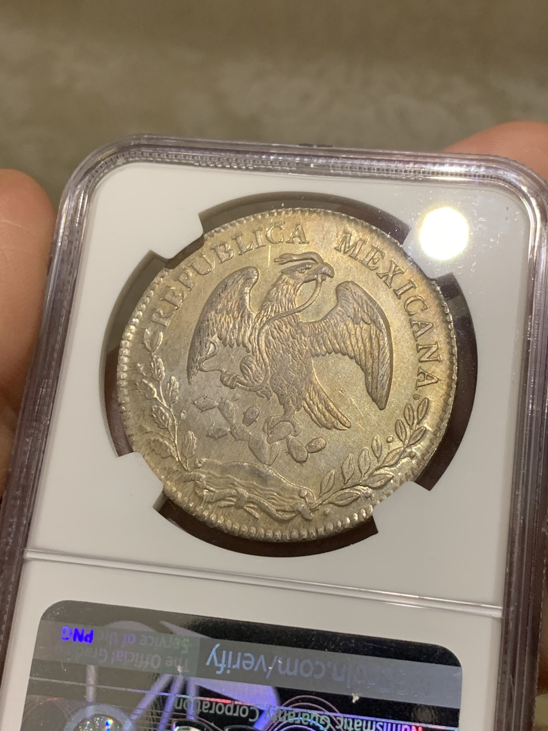 《竞宝斋》第54场-本周日，周一2场连拍（全场不限金额包邮） NGC MS64 稀少OA版 淡彩车轮光  墨西哥1876 鹰洋 银币 难得高分 OA裸币都是作为XF-AU的存在 这枚64分，毕业品种