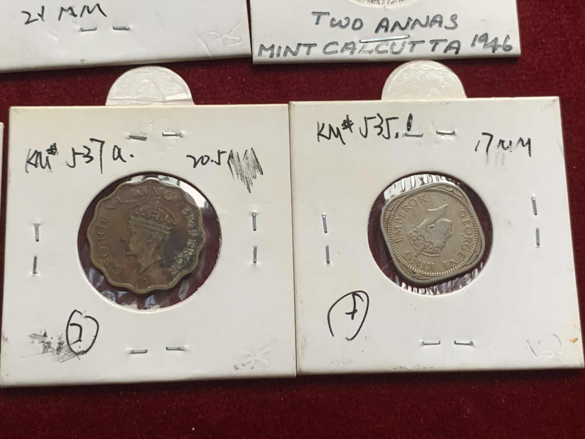 《竞宝斋》第54场-本周日，周一2场连拍（全场不限金额包邮） 英属印度 乔六 小面值币10枚 老藏家卡装 乔五1卢比，维多利亚1卢比，乔五海峡为银币