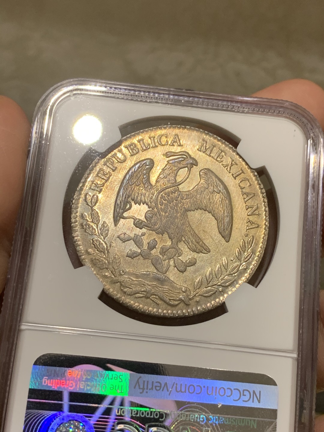 《竞宝斋》第54场-本周日，周一2场连拍（全场不限金额包邮） NGC MS64 稀少OA版 淡彩车轮光  墨西哥1876 鹰洋 银币 难得高分 OA裸币都是作为XF-AU的存在 这枚64分，毕业品种