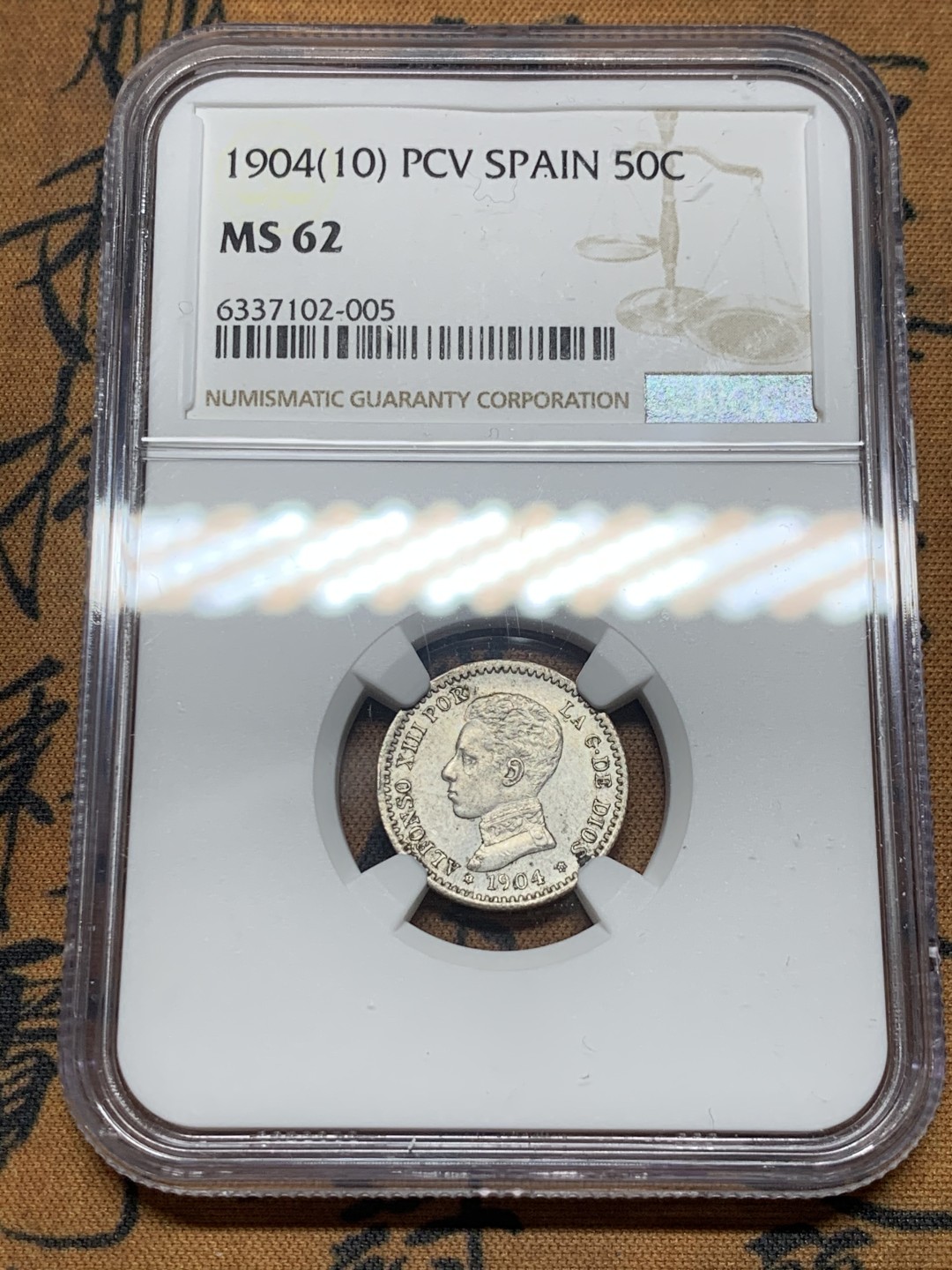 《竞宝斋》第54场-本周日，周一2场连拍（全场不限金额包邮） NGC-MS62 西班牙 1904年 PCV 阿方索十三世 50分 小银币 PCV是比较少见的版式