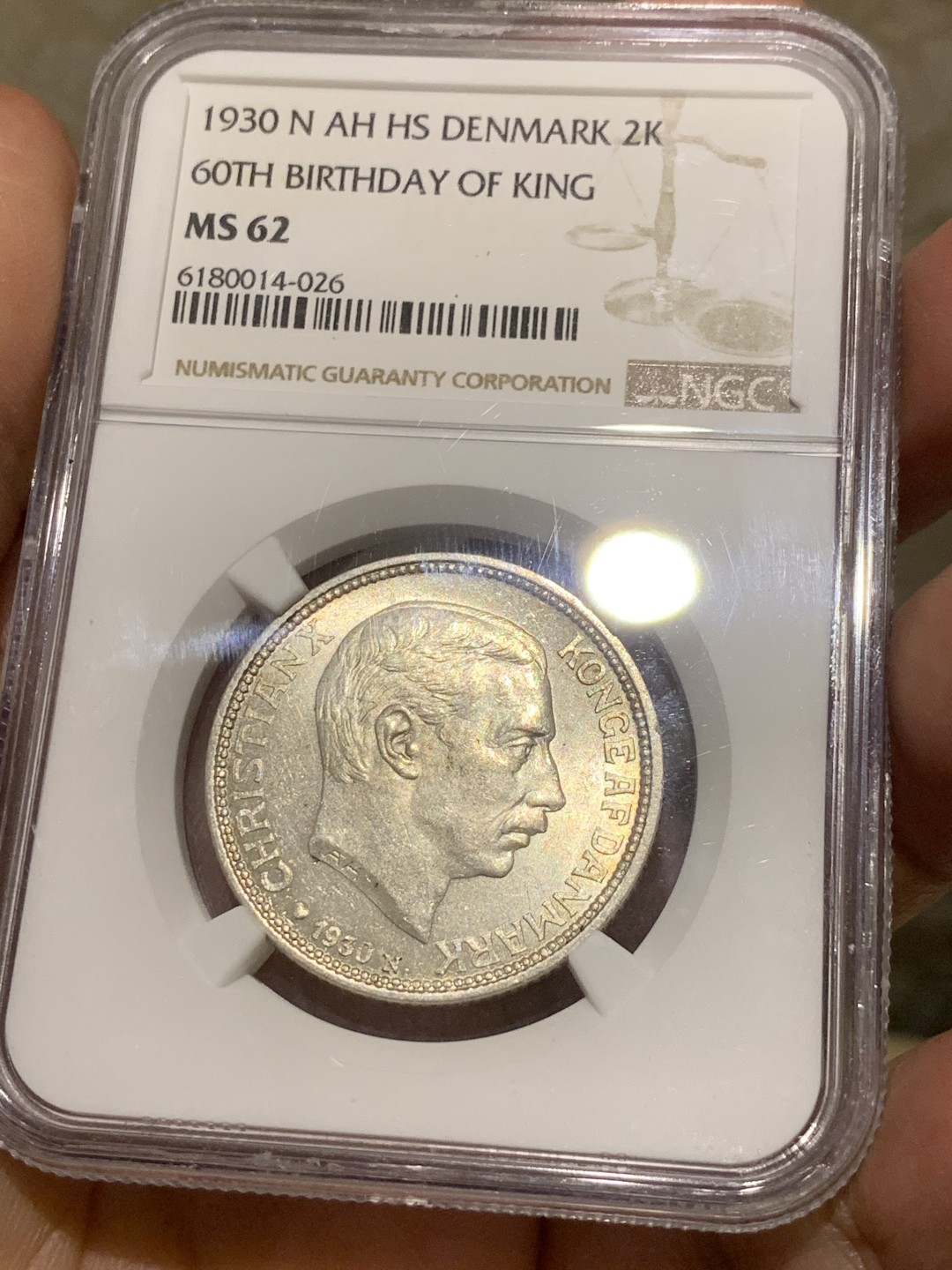 《竞宝斋》第54场-本周日，周一2场连拍（全场不限金额包邮） NGC-MS62 丹麦 1930年 克里斯蒂安十世国王60岁纪念银币 挺有意思的一枚币