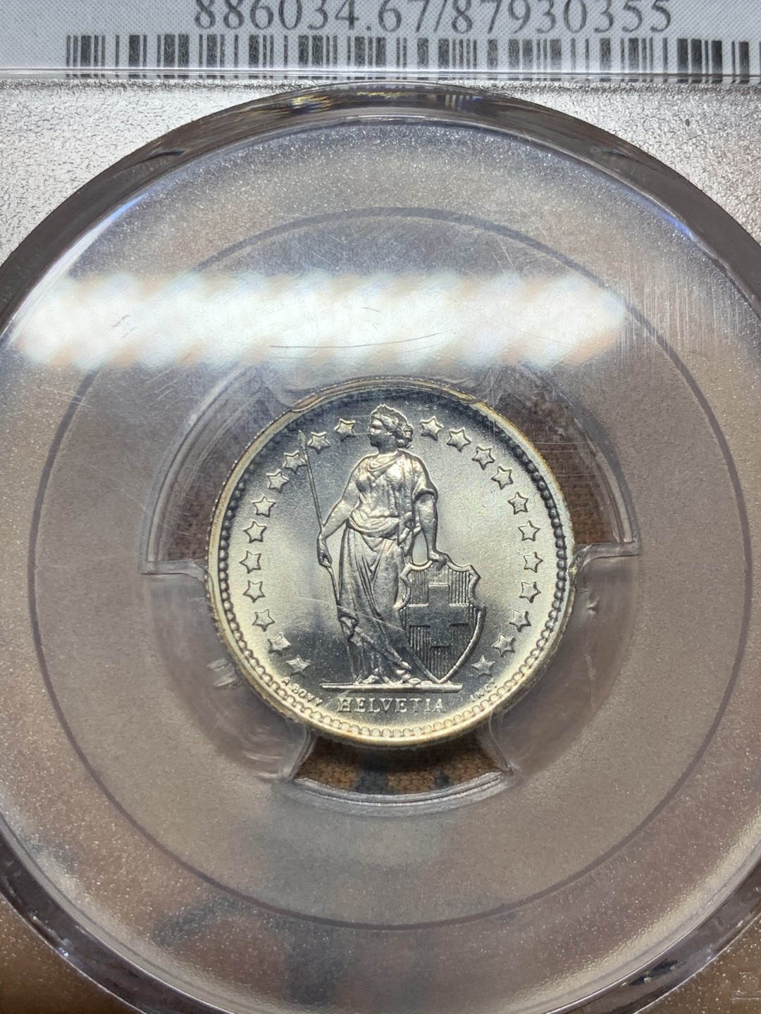 《竞宝斋》第54场-本周日，周一2场连拍（全场不限金额包邮） PCGS-MS67 瑞士1967-B 女神1/2 法郎 银币 超高分镜面光 边缘带微彩