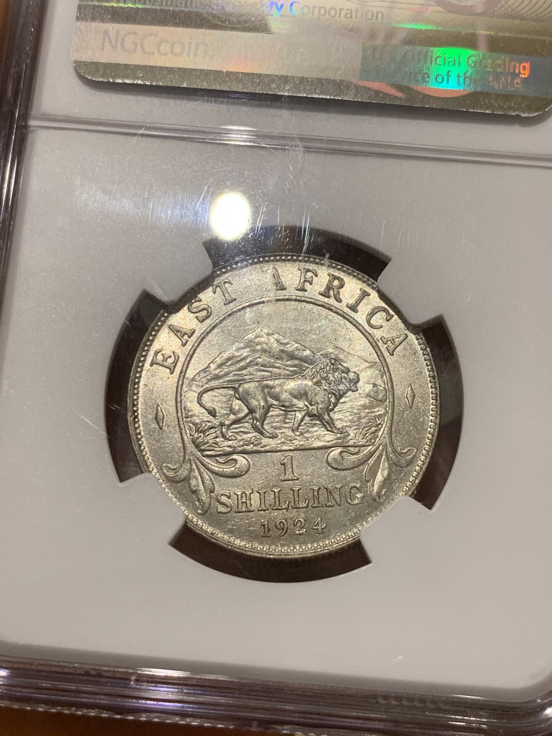 《竞宝斋》第54场-本周日，周一2场连拍（全场不限金额包邮） NGC-AU58 英属东非 1924年 乔治五世 1先令 银币 唯一第四名 比这个高分仅三枚