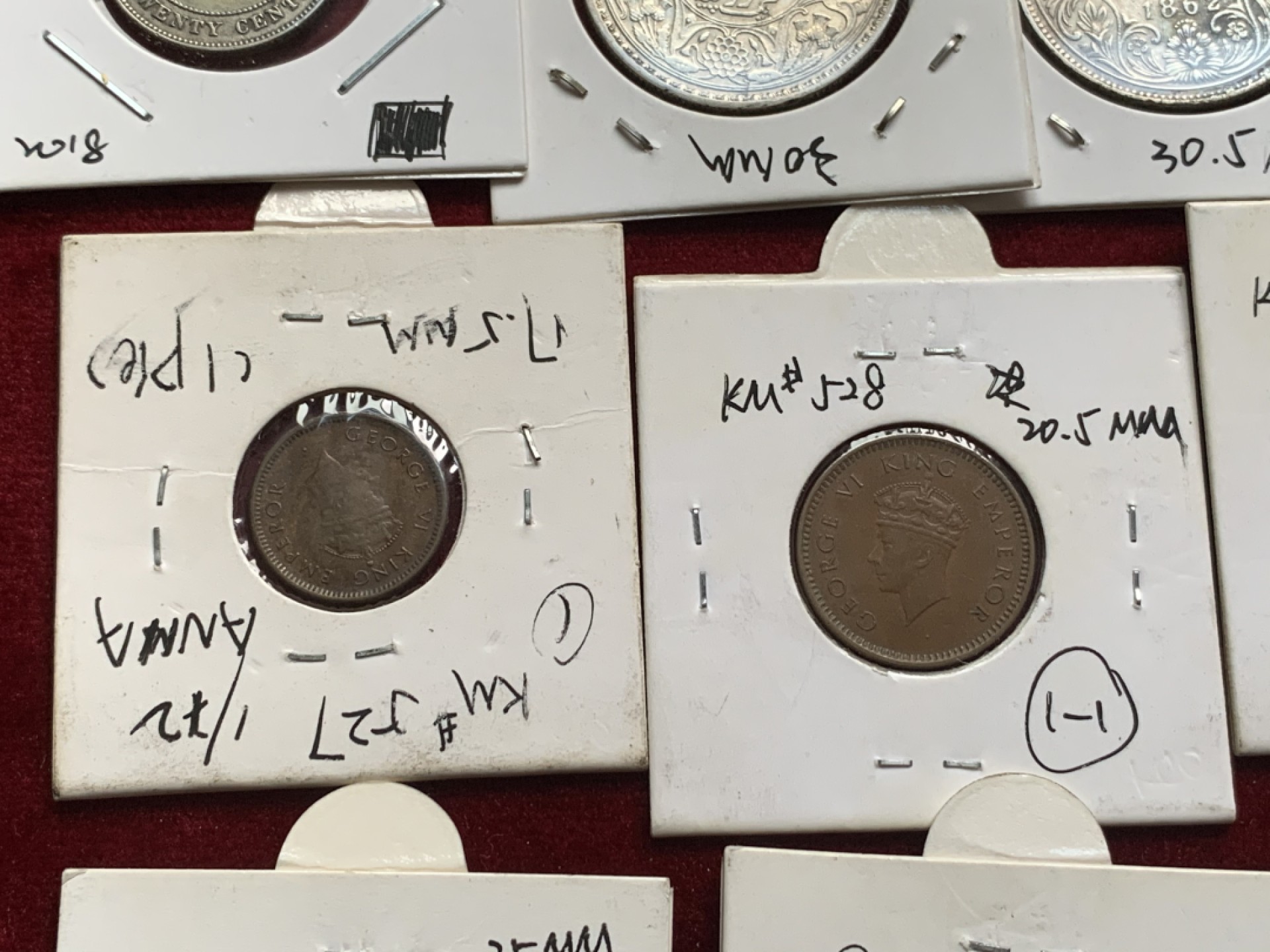 《竞宝斋》第54场-本周日，周一2场连拍（全场不限金额包邮） 英属印度 乔六 小面值币10枚 老藏家卡装 乔五1卢比，维多利亚1卢比，乔五海峡为银币