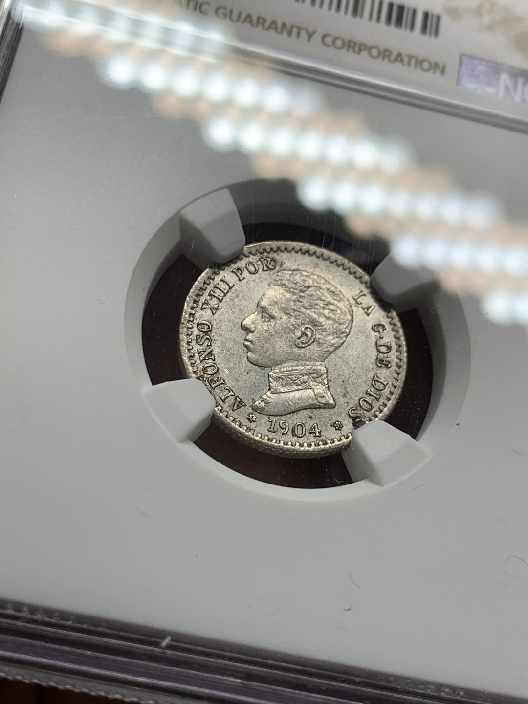 《竞宝斋》第54场-本周日，周一2场连拍（全场不限金额包邮） NGC-MS62 西班牙 1904年 PCV 阿方索十三世 50分 小银币 PCV是比较少见的版式