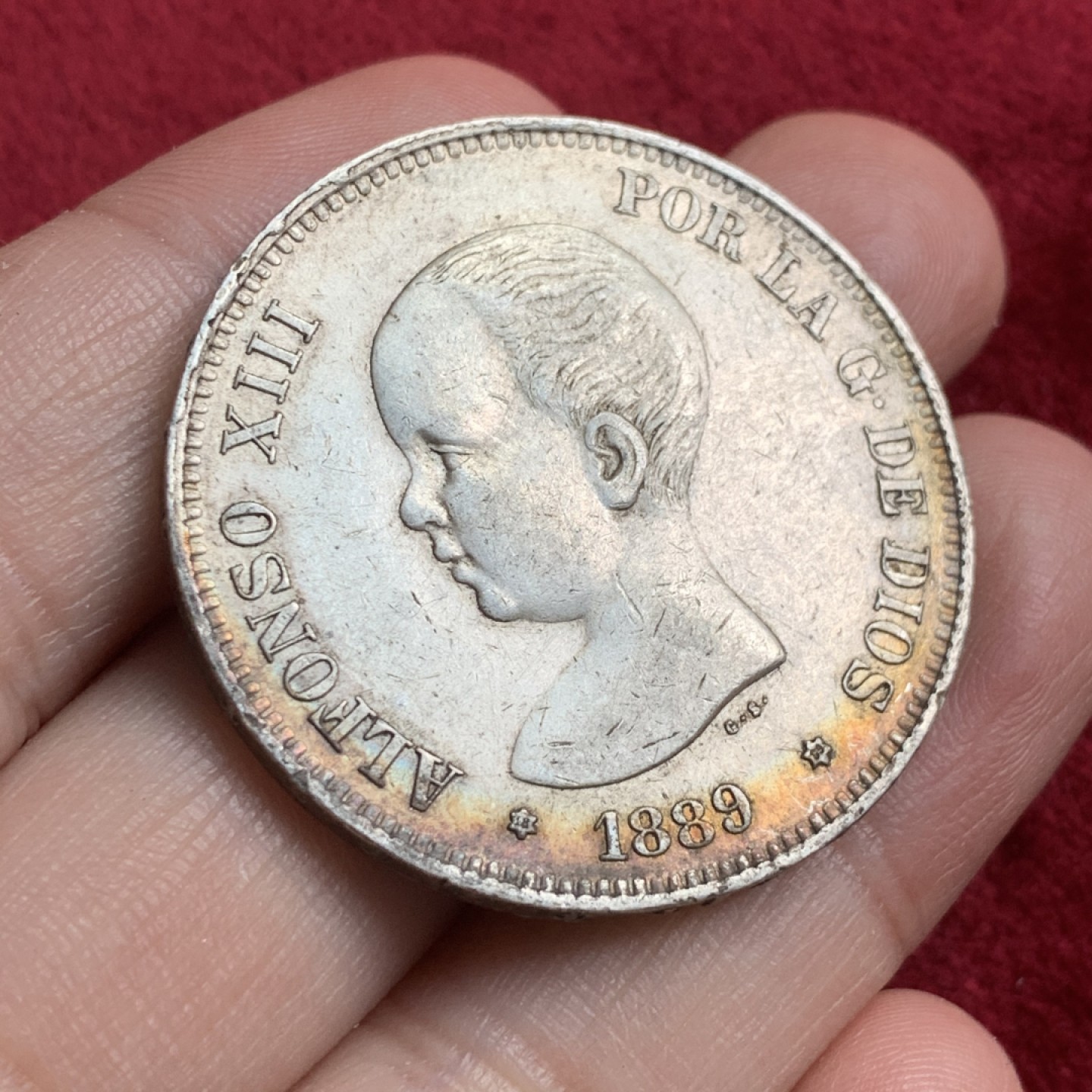 《竞宝斋》第54场-本周日，周一2场连拍（全场不限金额包邮） 西班牙1889年阿方索十三世双柱5比塞塔大银币月牙彩底光