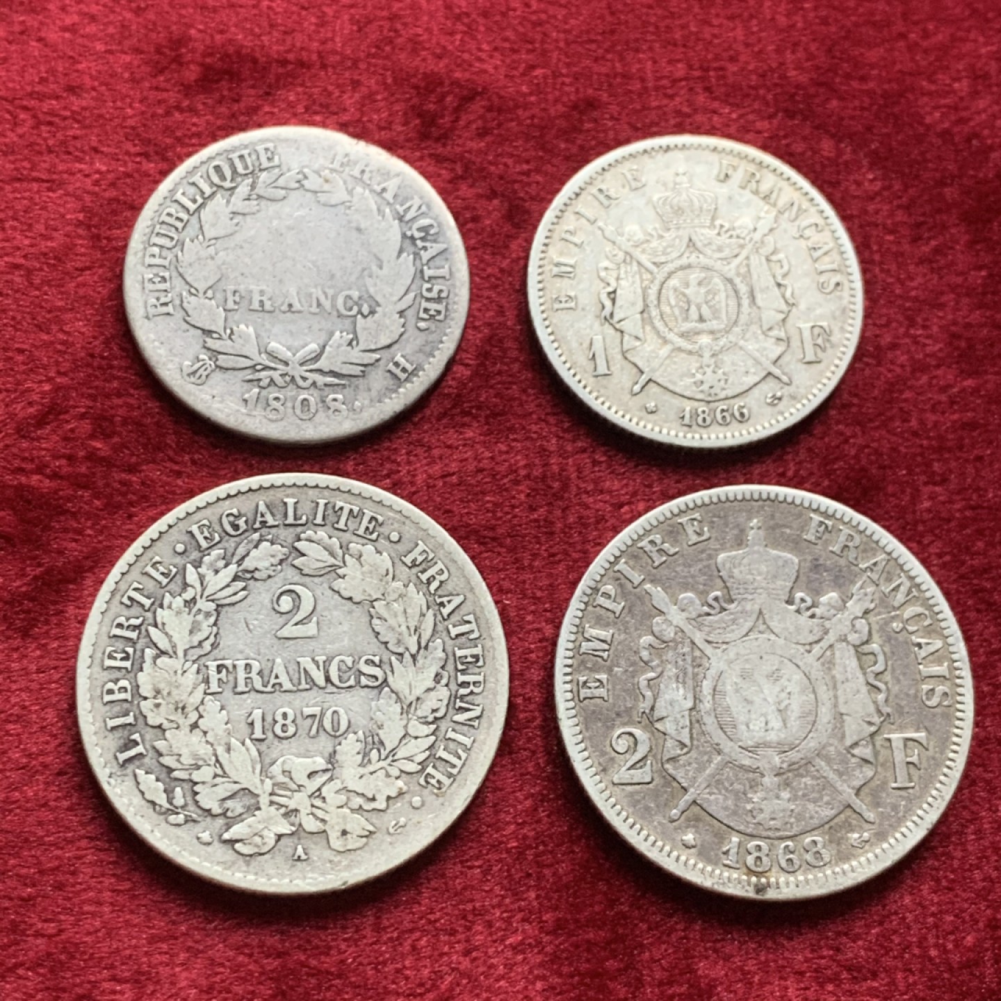 《竞宝斋》第54场-本周日，周一2场连拍（全场不限金额包邮） 法国拿一，拿三，女神1，2法郎银币4枚