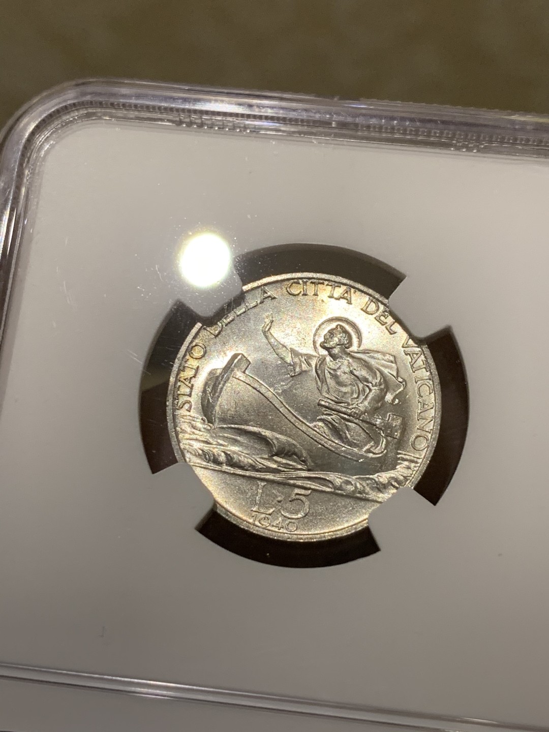 《竞宝斋》第54场-本周日，周一2场连拍（全场不限金额包邮） NGC-MS63 梵蒂冈 1940年 5里拉 银币 原光好品 非常漂亮