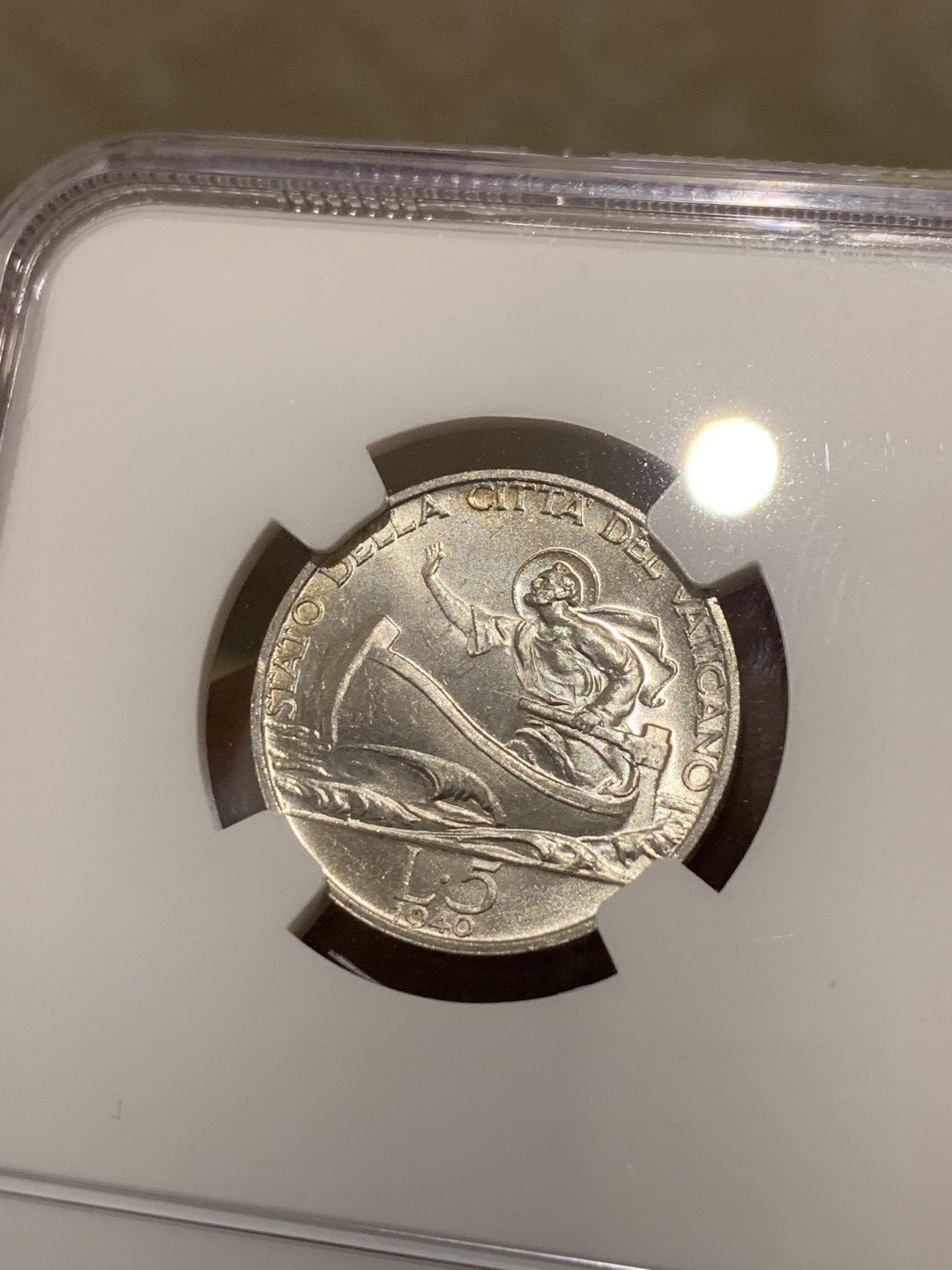 《竞宝斋》第54场-本周日，周一2场连拍（全场不限金额包邮） NGC-MS63 梵蒂冈 1940年 5里拉 银币 原光好品 非常漂亮