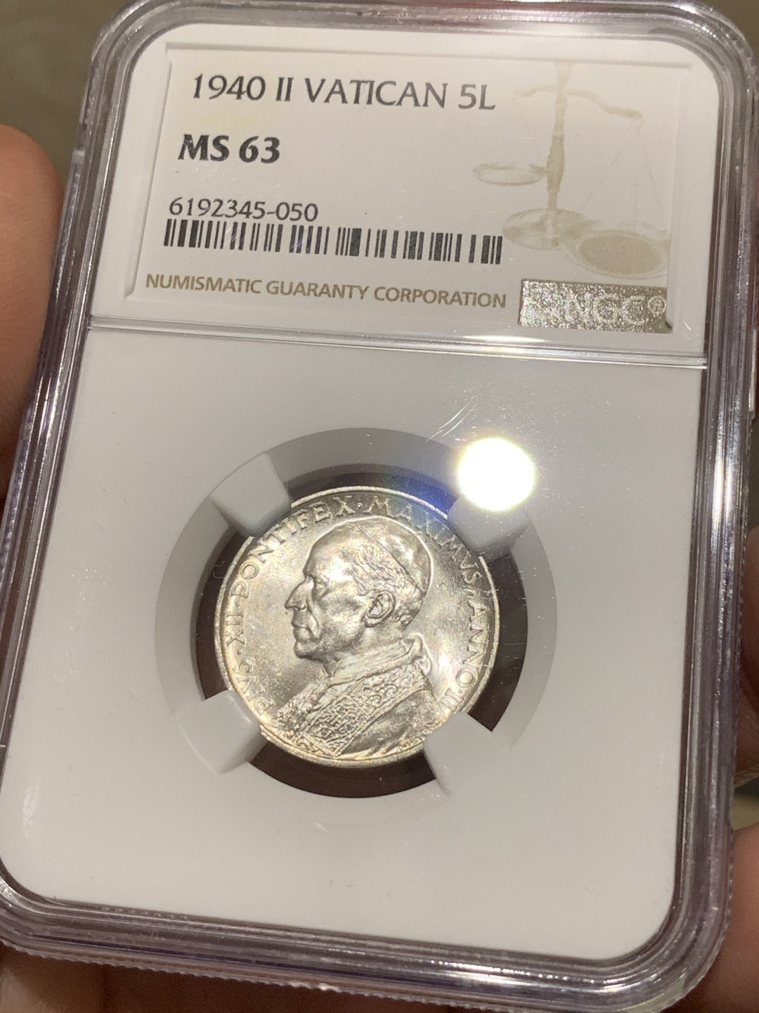 《竞宝斋》第54场-本周日，周一2场连拍（全场不限金额包邮） NGC-MS63 梵蒂冈 1940年 5里拉 银币 原光好品 非常漂亮