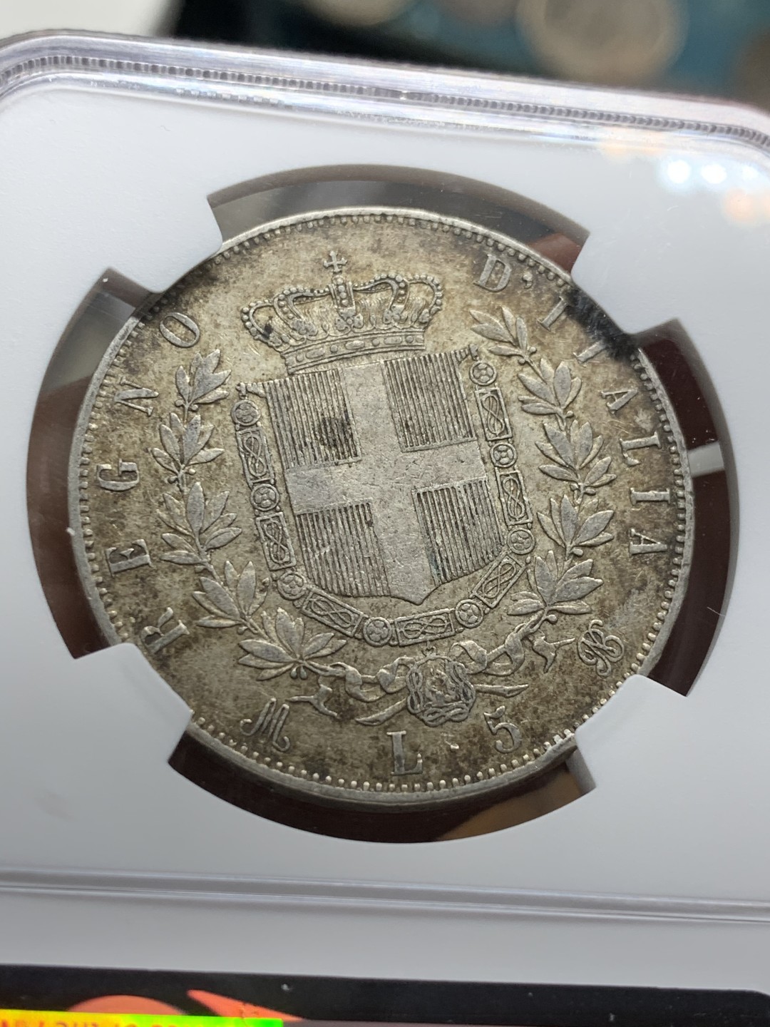 《竞宝斋》第54场-本周日，周一2场连拍（全场不限金额包邮） NGC-AU53 意大利 1875年 伊曼纽尔二世 5里拉 大银币 原味好品