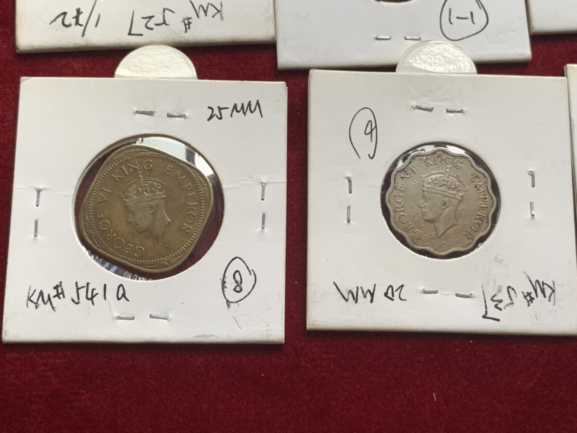 《竞宝斋》第54场-本周日，周一2场连拍（全场不限金额包邮） 英属印度 乔六 小面值币10枚 老藏家卡装 乔五1卢比，维多利亚1卢比，乔五海峡为银币