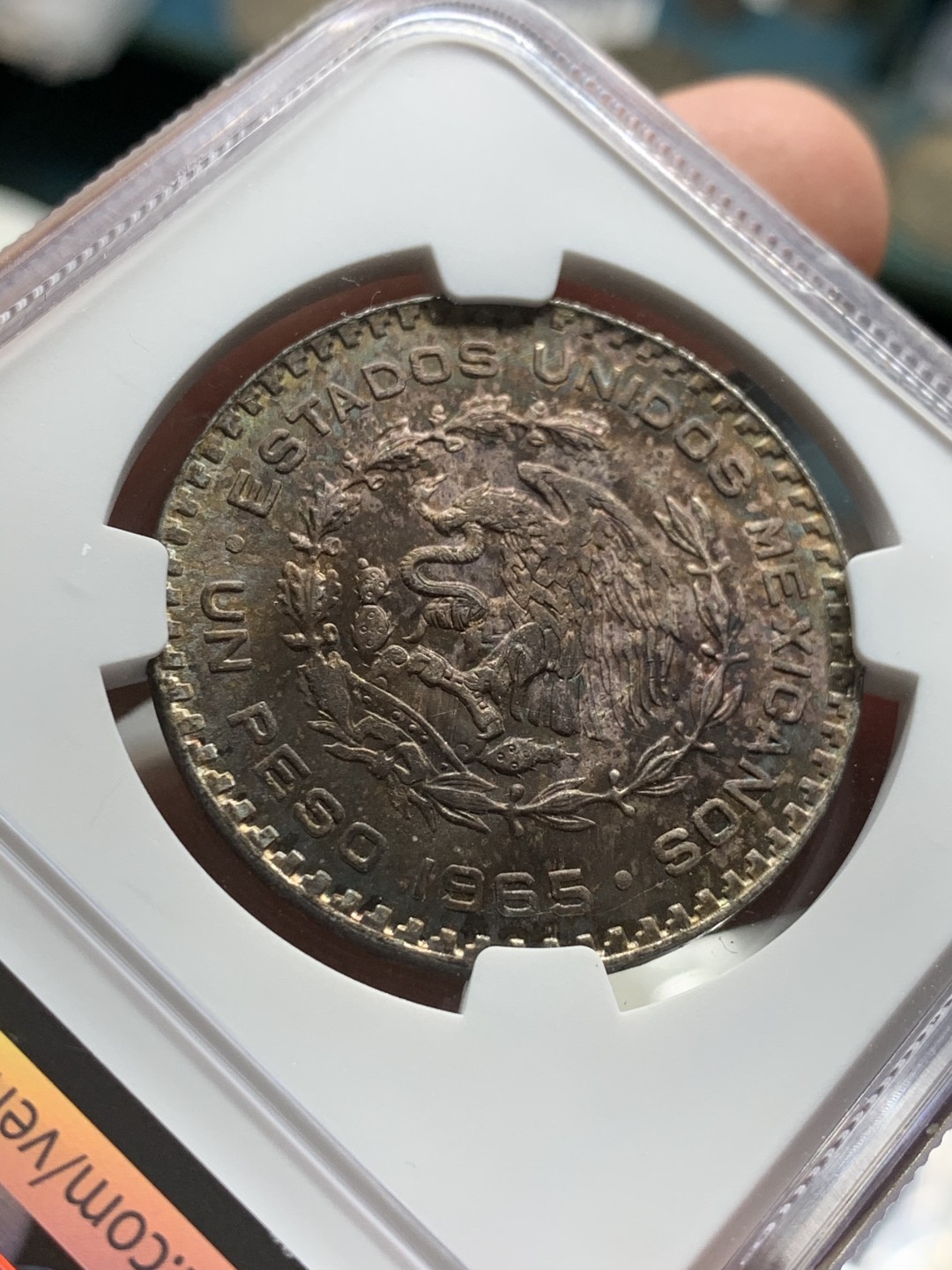 《竞宝斋》第54场-本周日，周一2场连拍（全场不限金额包邮） NGC-MS64 墨西哥 1965年 1比塞塔 银币 五彩包浆 非常漂亮