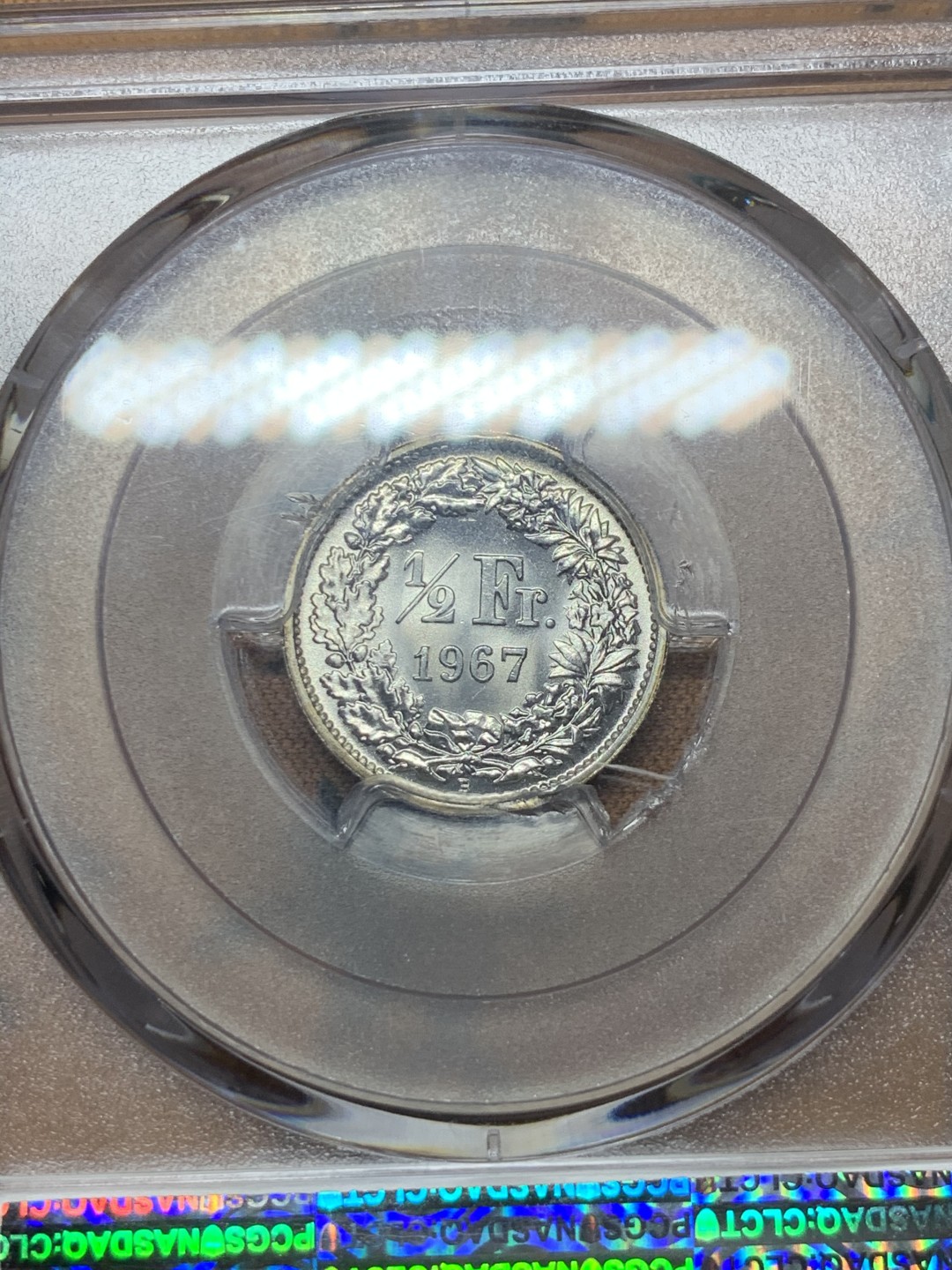 《竞宝斋》第54场-本周日，周一2场连拍（全场不限金额包邮） PCGS-MS67 瑞士1967-B 女神1/2 法郎 银币 超高分镜面光 边缘带微彩