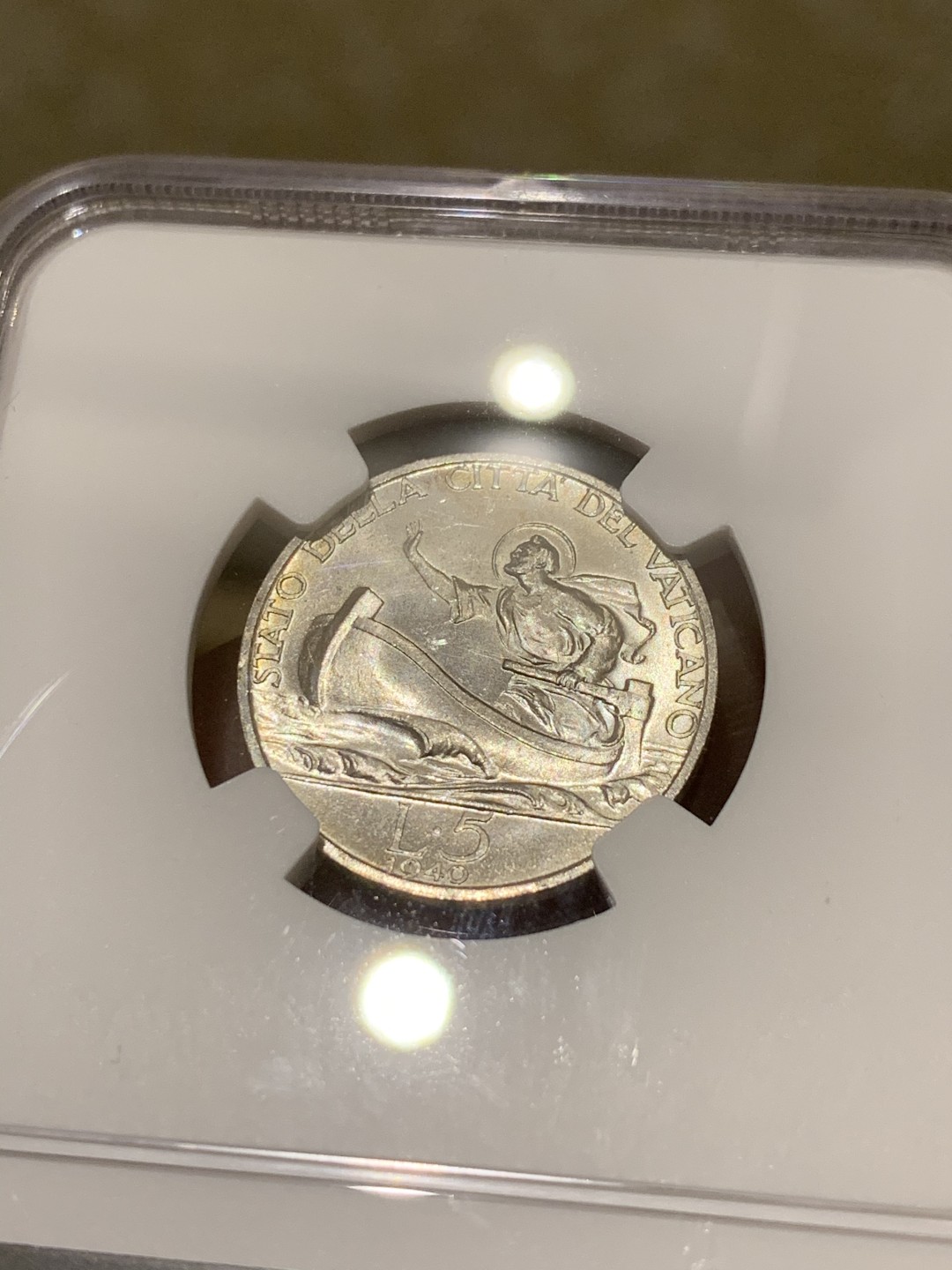 《竞宝斋》第54场-本周日，周一2场连拍（全场不限金额包邮） NGC-MS63 梵蒂冈 1940年 5里拉 银币 原光好品 非常漂亮