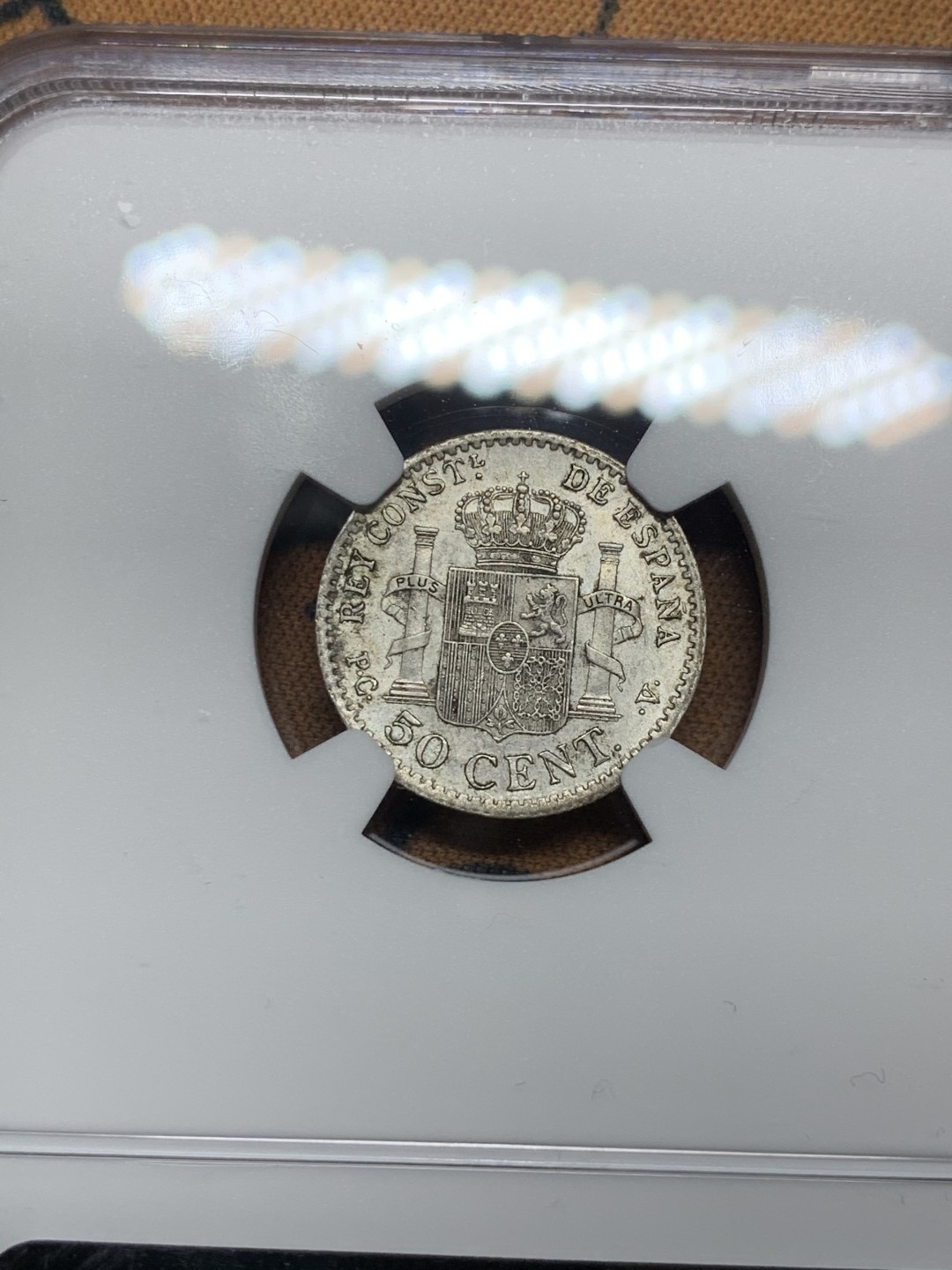 《竞宝斋》第54场-本周日，周一2场连拍（全场不限金额包邮） NGC-MS62 西班牙 1904年 PCV 阿方索十三世 50分 小银币 PCV是比较少见的版式