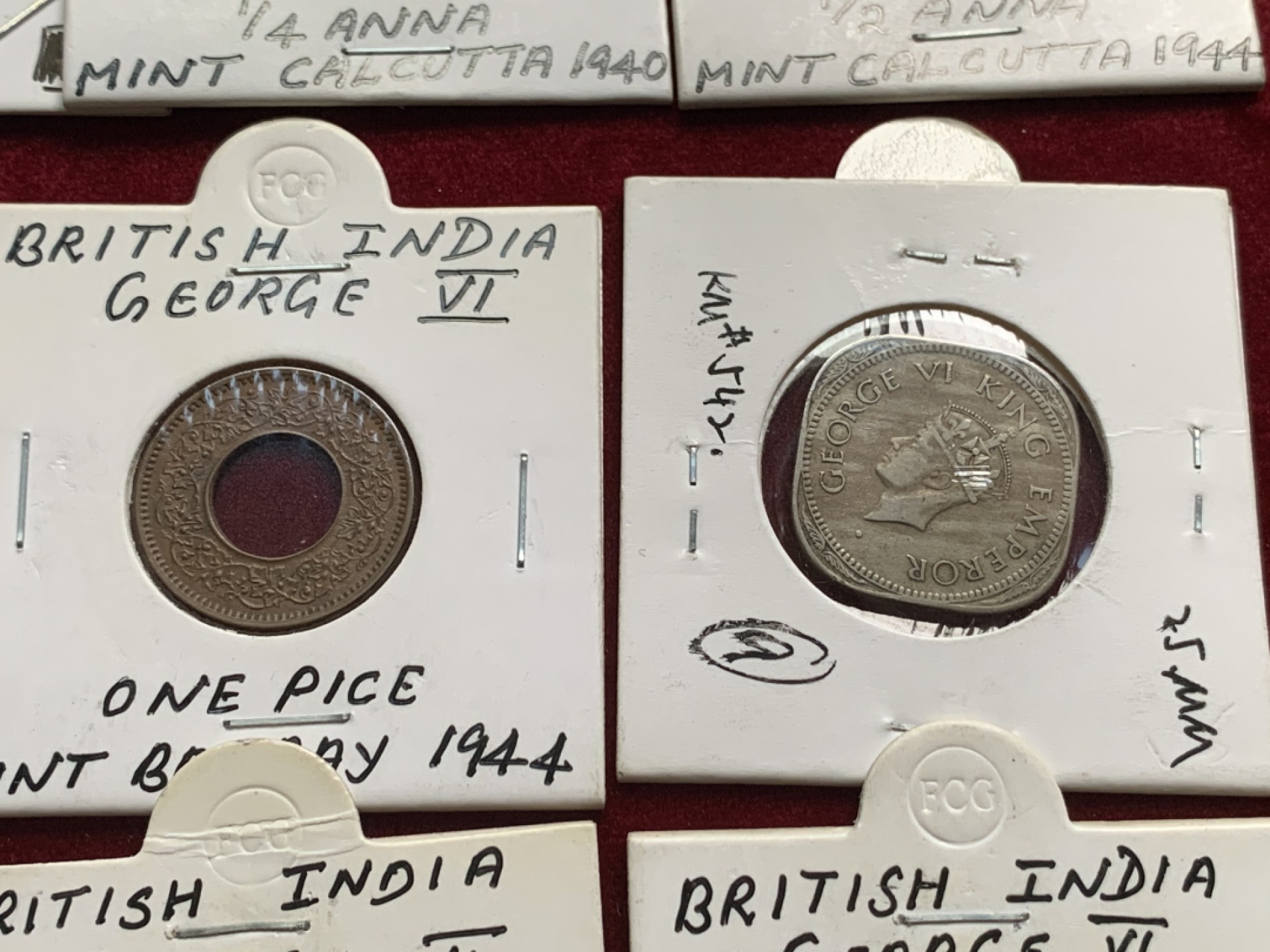 《竞宝斋》第54场-本周日，周一2场连拍（全场不限金额包邮） 英属印度 乔六 小面值币10枚 老藏家卡装 乔五1卢比，维多利亚1卢比，乔五海峡为银币