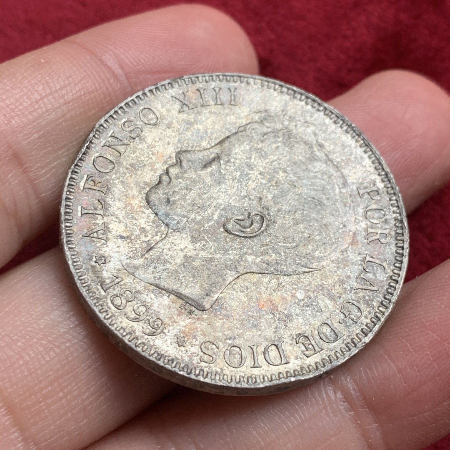 《竞宝斋》第54场-本周日，周一2场连拍（全场不限金额包邮） 西班牙1899年阿方索十三世5比塞塔双柱银币阴阳包浆MS级别