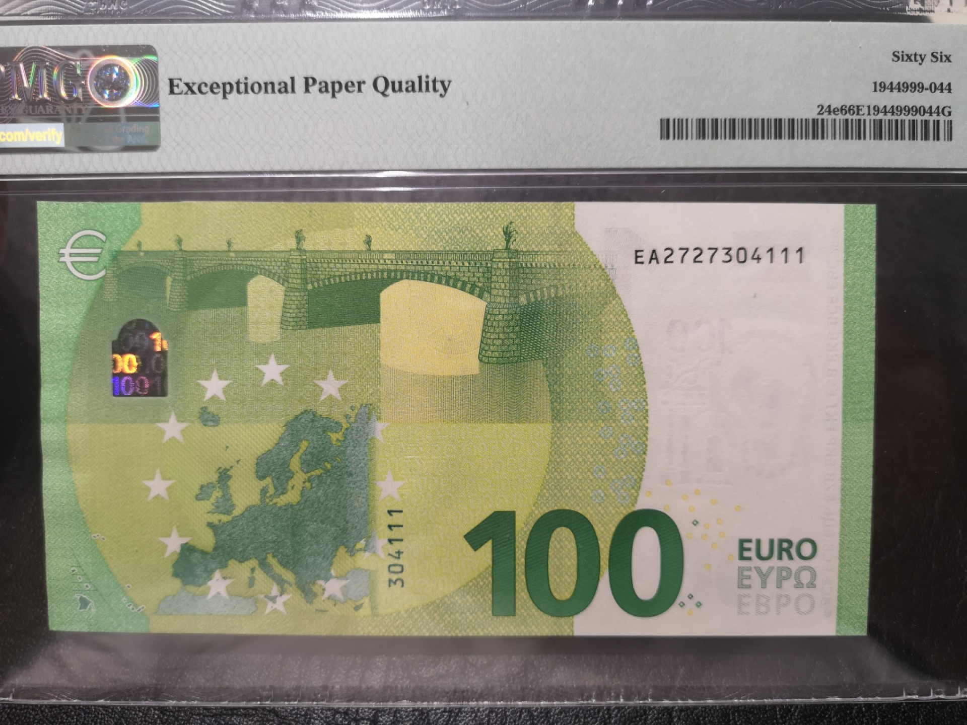 外钞收藏家》第一百七十七期拍卖 2019年100欧元 PMG66 豹子号111 法国版