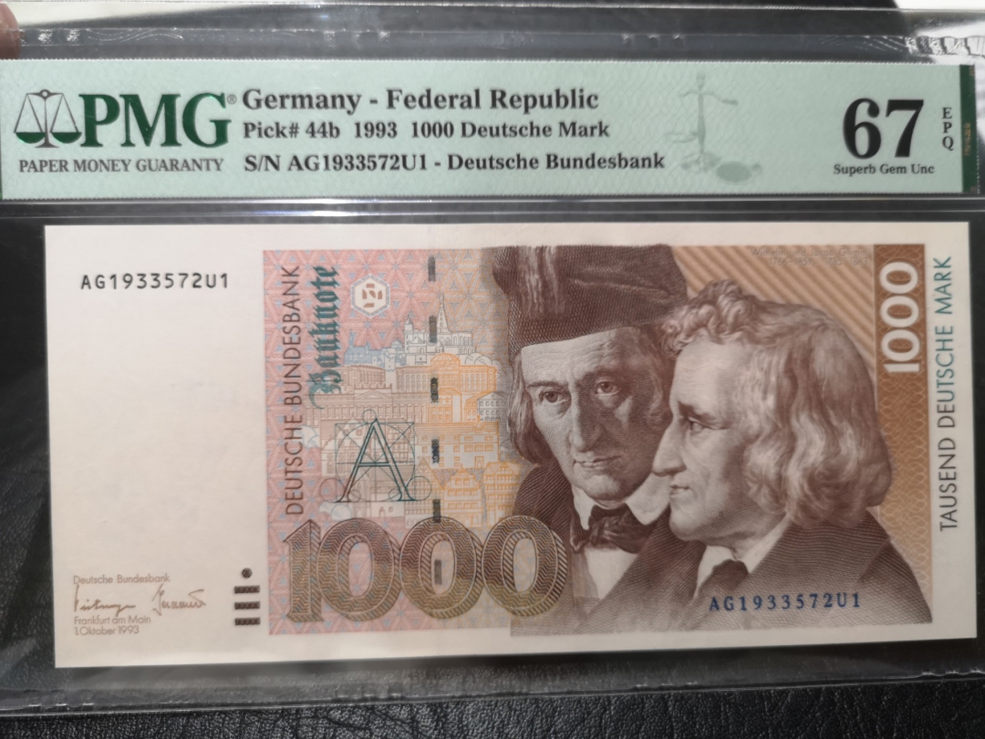 外钞收藏家》第一百七十七期拍卖 1993年德国1000马克 格林兄弟 PMG67 