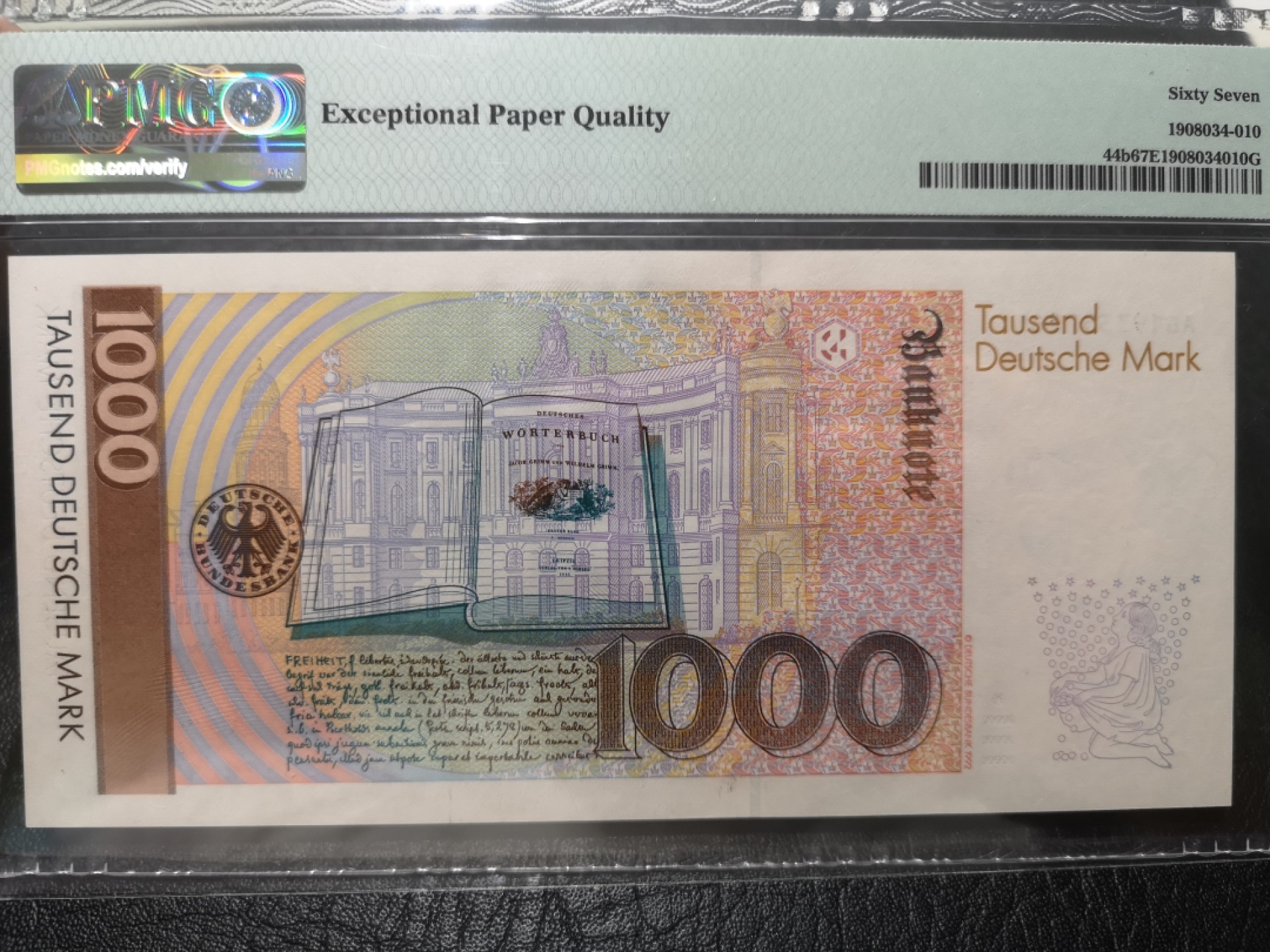 外钞收藏家》第一百七十七期拍卖 1993年德国1000马克 格林兄弟 PMG67 