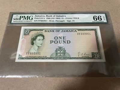 【Blue Auction】✨世界纸币精拍第181期（共78拍） - 牙买加 1960年1镑 PMG66EPQ 女王纸币精美