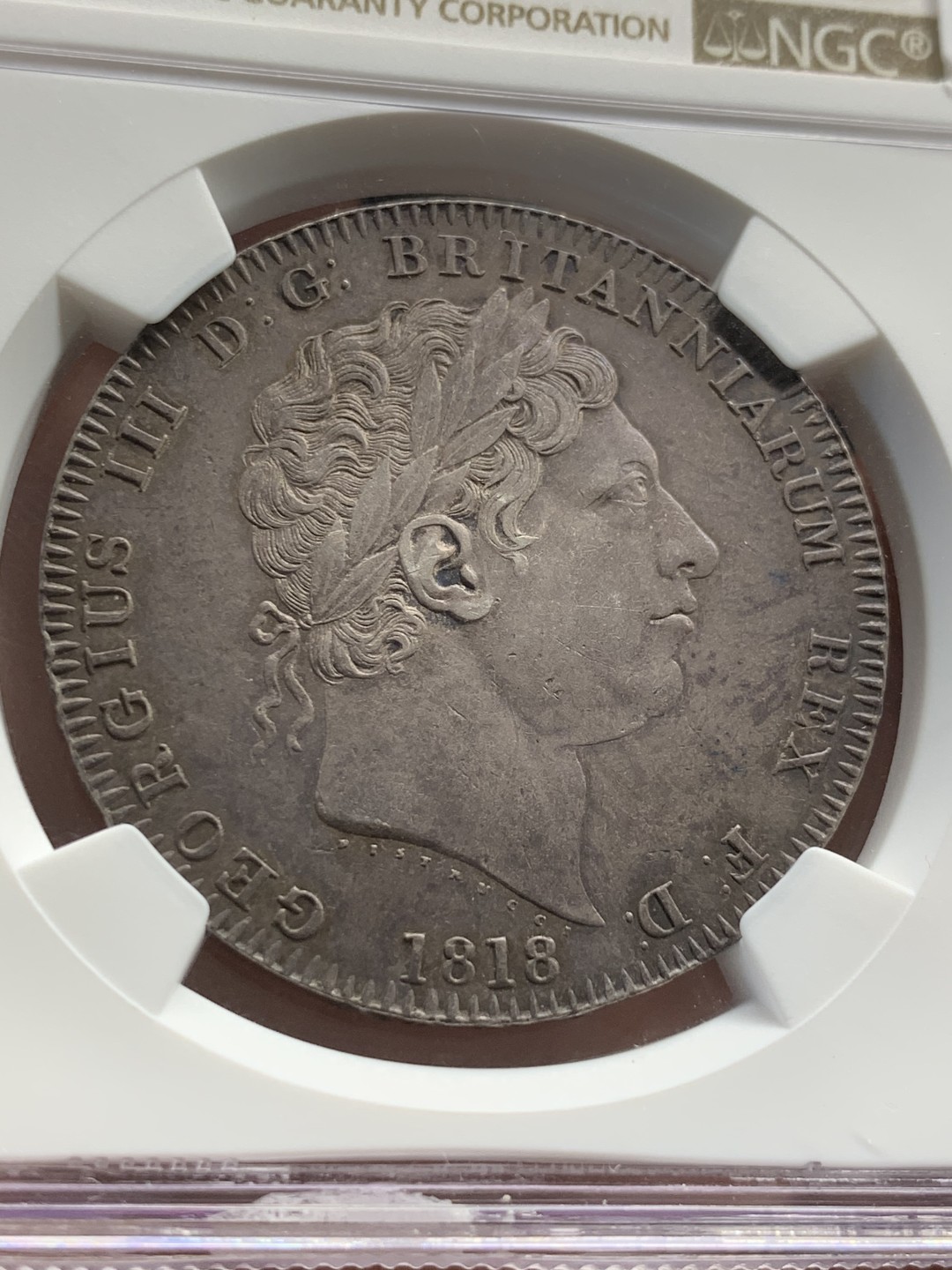 《竞宝斋》第55场-本周日，周一2场连拍（全场不限金额包邮） NGC AU55 1818 LVIII 乔治三世马剑克朗 原味好品 百年老包浆 味道一流