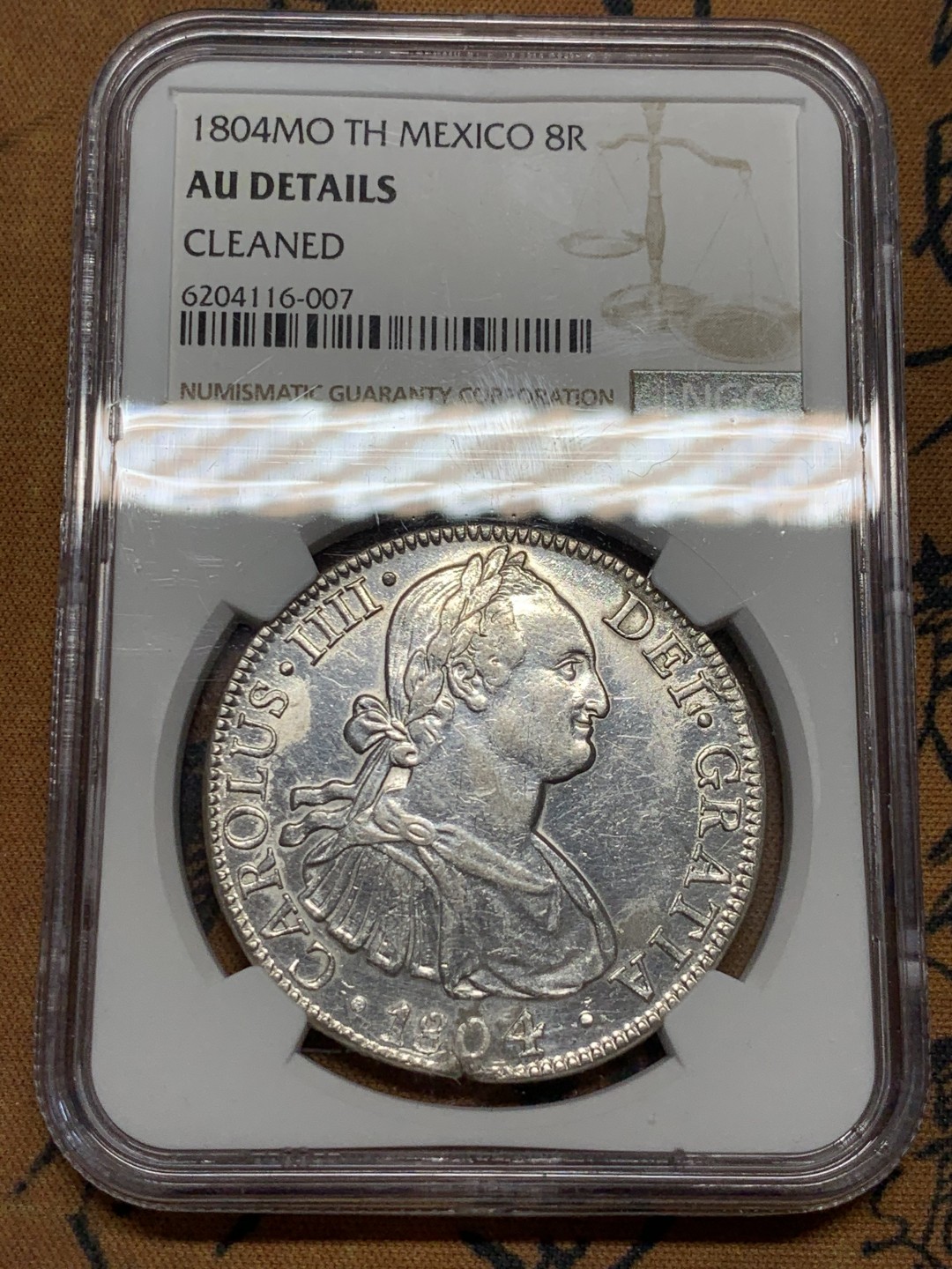 《竞宝斋》第55场-本周日，周一2场连拍（全场不限金额包邮） NGC-AUD  墨西哥双柱 卡洛斯四世  1804  8 里亚尔  白净深打  外拍都是200刀起