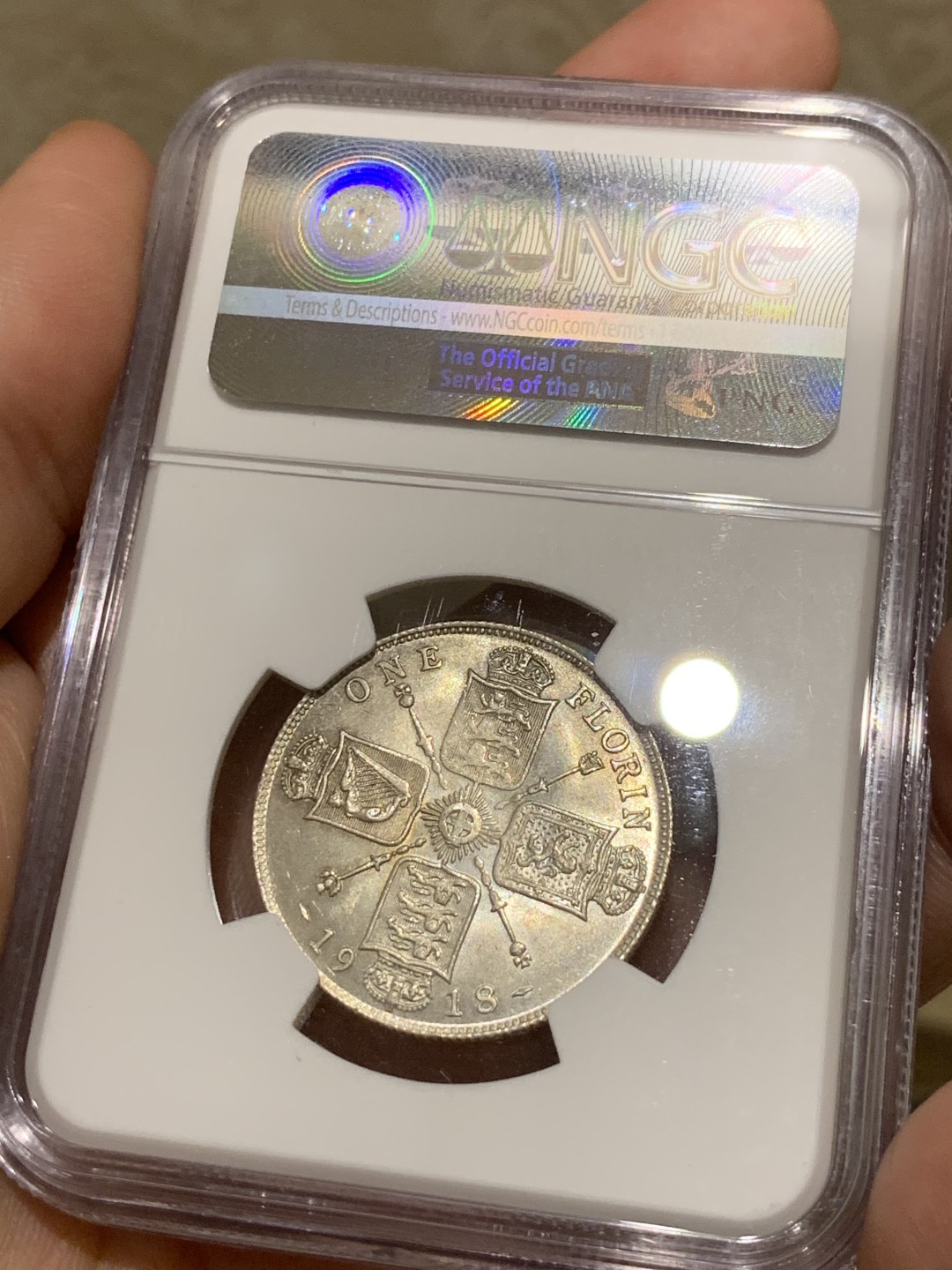 《竞宝斋》第55场-本周日，周一2场连拍（全场不限金额包邮） NGC MS64 1918年英国乔治五世弗洛林 高银板非常少见 更高分仅三枚！