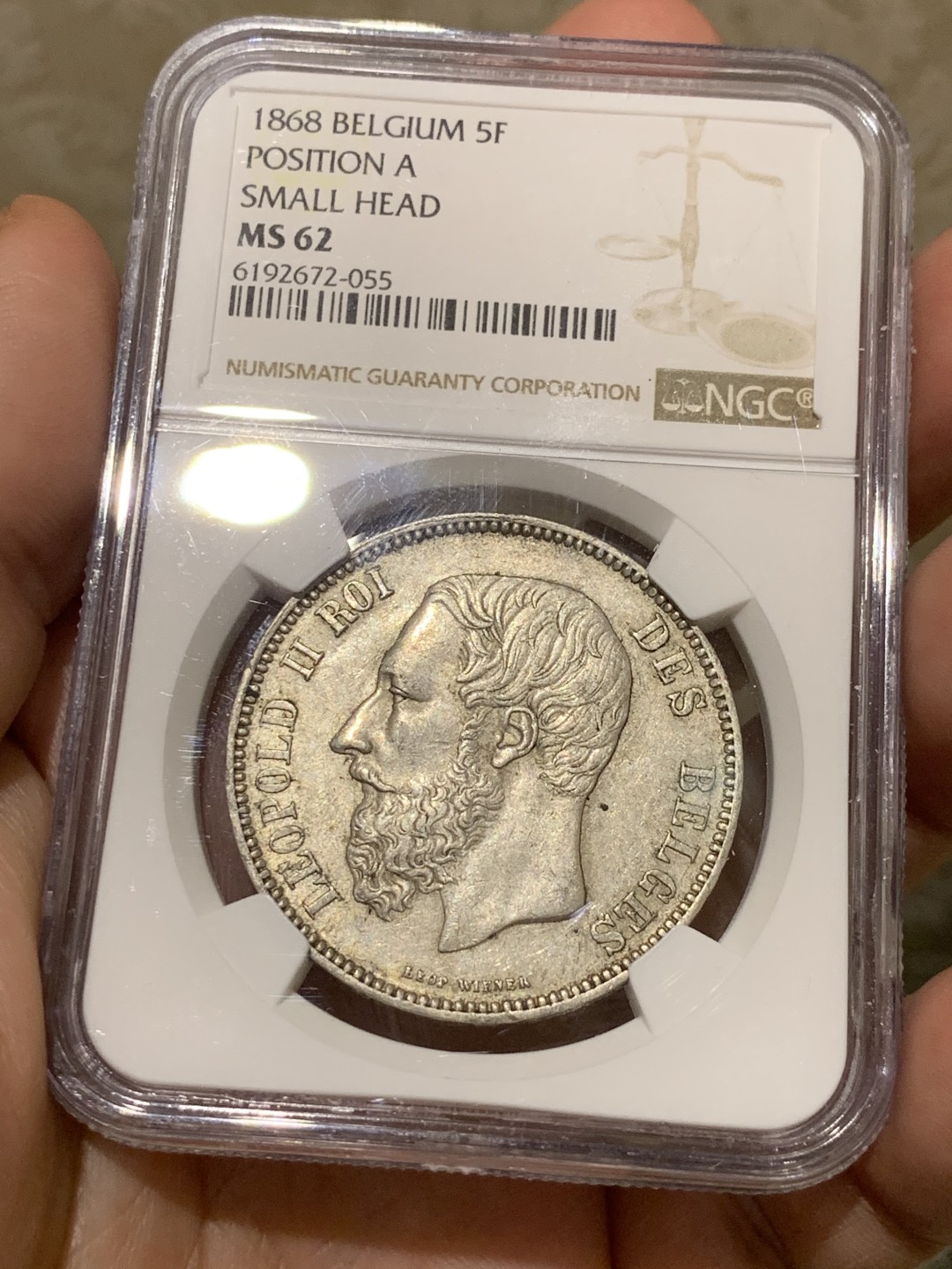 《竞宝斋》第55场-本周日，周一2场连拍（全场不限金额包邮） NGC-MS62 比利时 1868年 5法郎 利奥波德二世小头版 近期上涨品种 