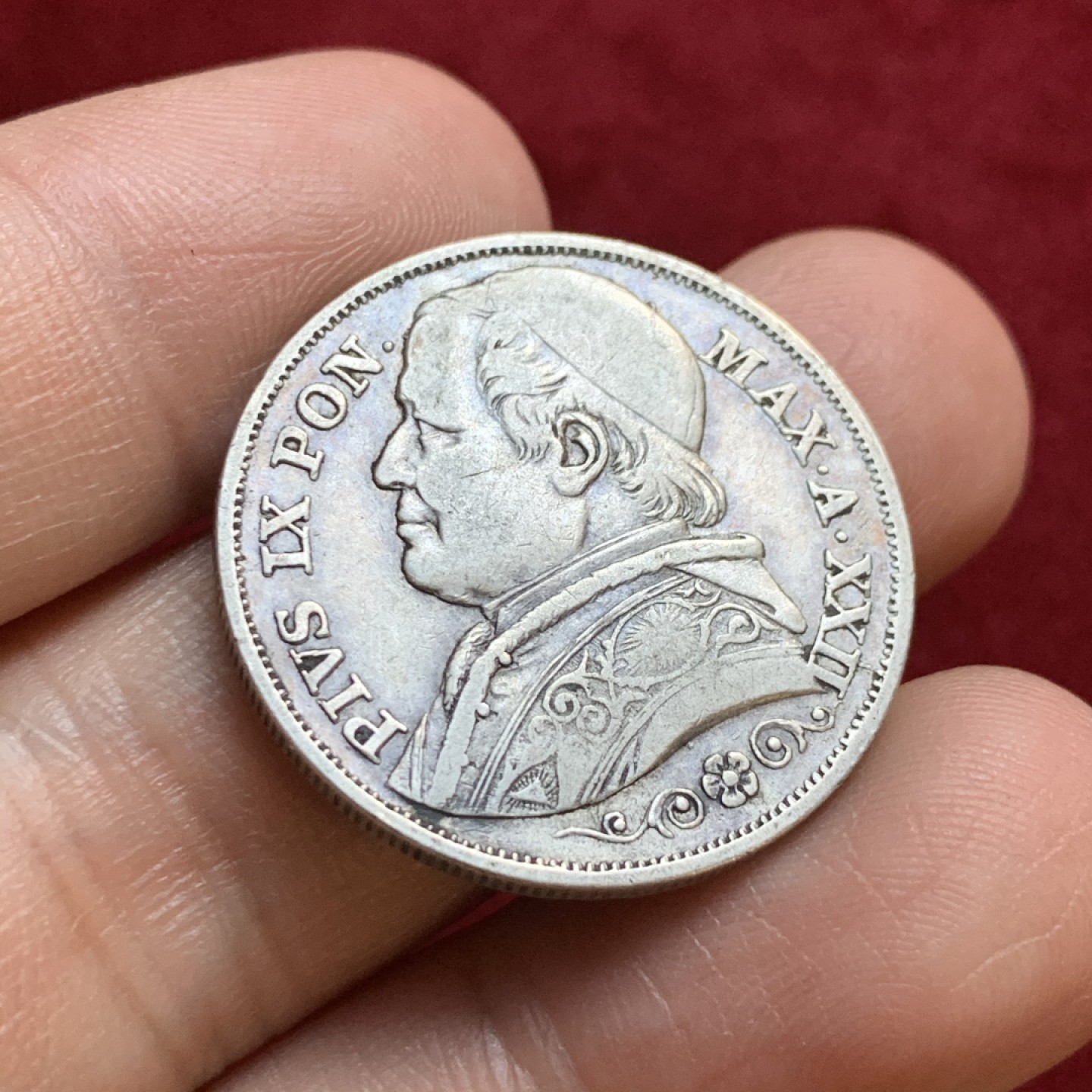 《竞宝斋》第55场-本周日，周一2场连拍（全场不限金额包邮） 梵蒂冈 教皇国 1867年 2里拉 银币 原味包浆 细节清晰