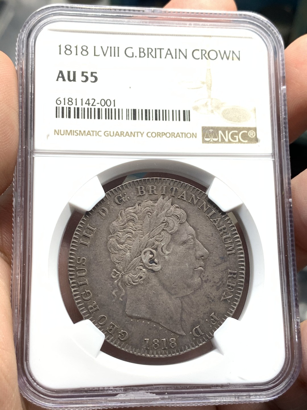 《竞宝斋》第55场-本周日，周一2场连拍（全场不限金额包邮） NGC AU55 1818 LVIII 乔治三世马剑克朗 原味好品 百年老包浆 味道一流