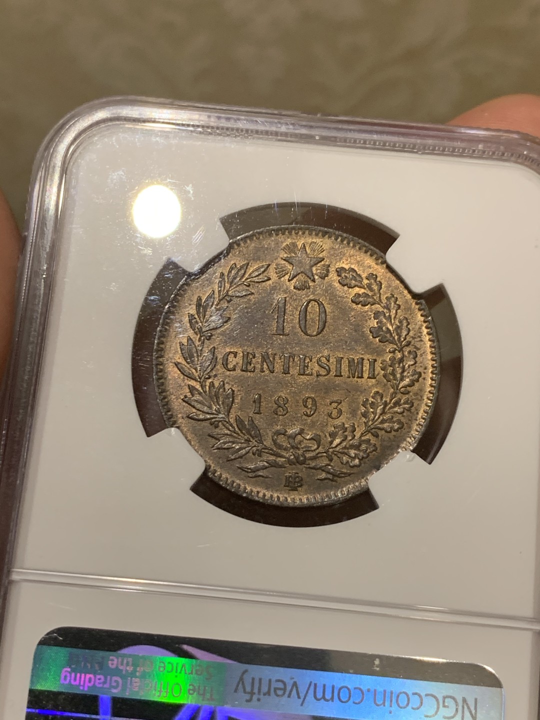 《竞宝斋》第55场-本周日，周一2场连拍（全场不限金额包邮） NGC-MS63RB 意大利1893BI 10分 季军 铜光充沛