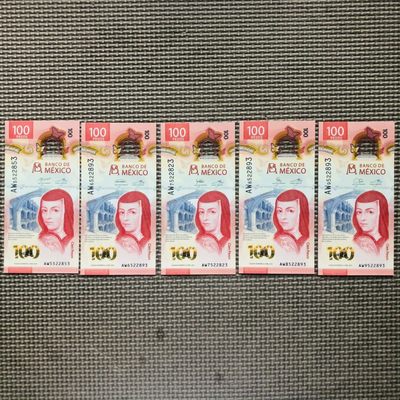 25th ¥¥🇲🇽墨西哥2021年50和100比索塑料钞 IBNS获奖钞 - 100比索 5个签名 AW冠 无47