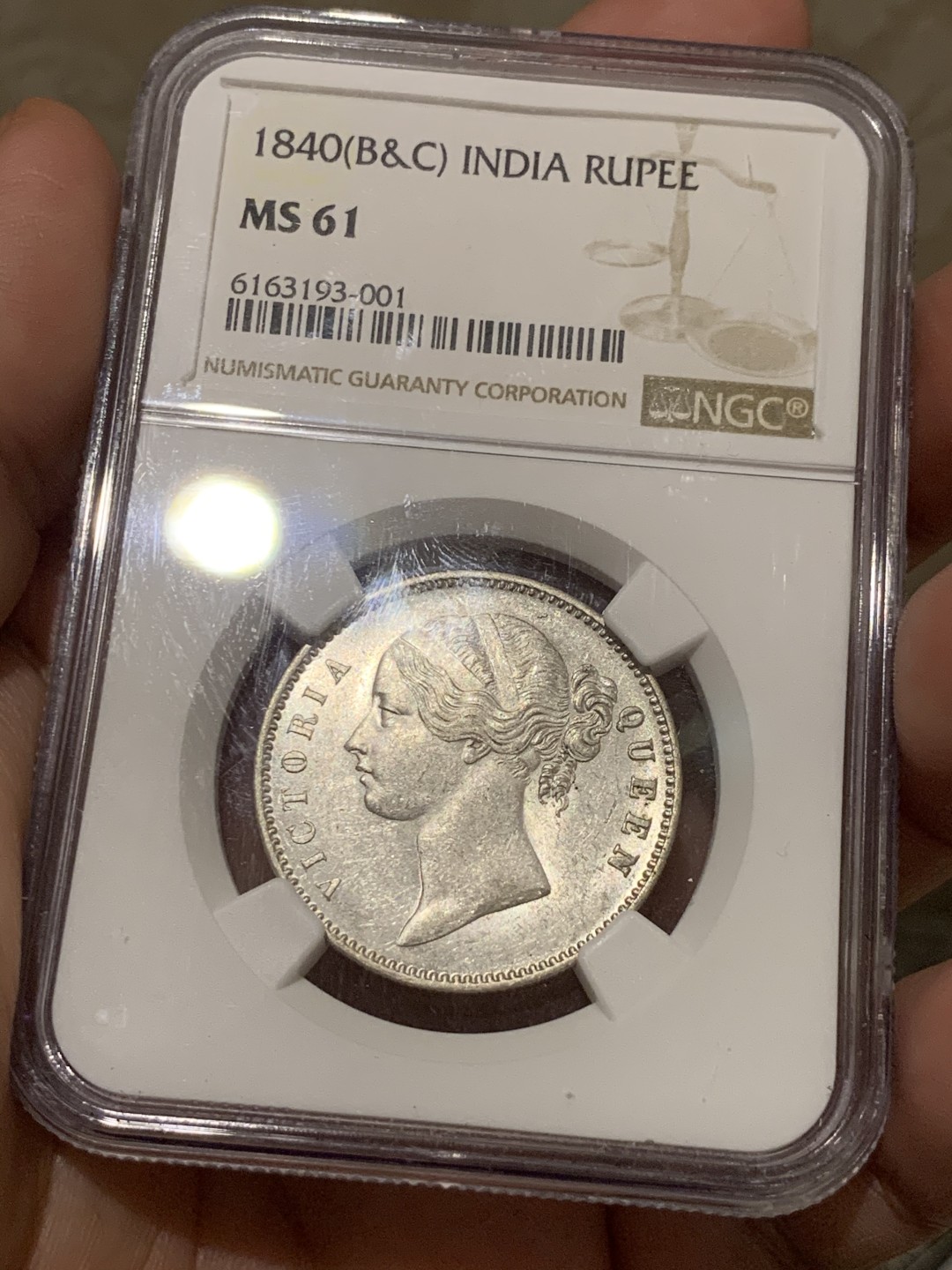 《竞宝斋》第55场-本周日，周一2场连拍（全场不限金额包邮） NGC-MS61 英属印度 1840年 1卢比 维多利亚女王双辫银币 状态极佳光度好，61分中的战斗机