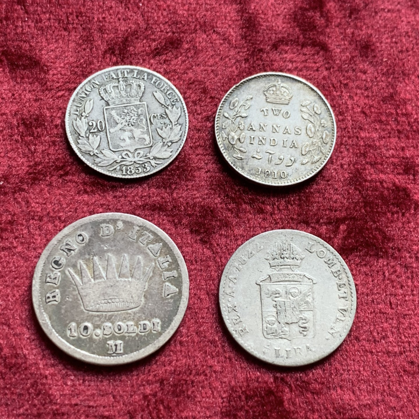 《竞宝斋》第55场-本周日，周一2场连拍（全场不限金额包邮） 比利时，意大利伦巴第，法占意大利，英属印度银辅币4枚