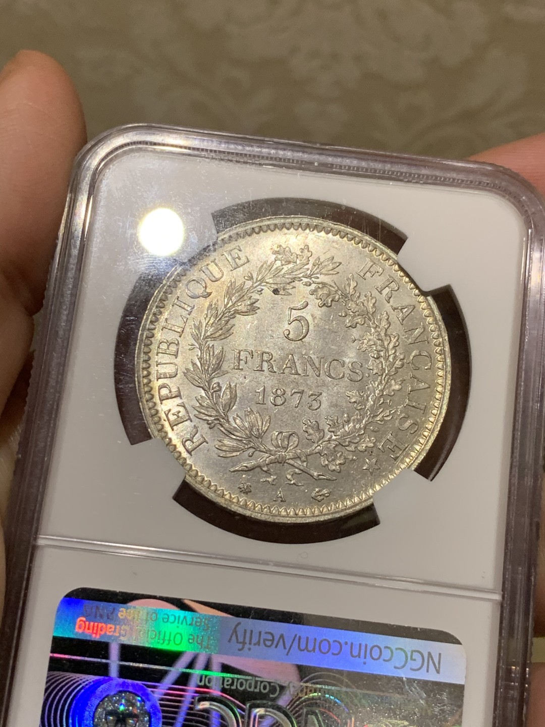 《竞宝斋》第55场-本周日，周一2场连拍（全场不限金额包邮） NGC-MS64 法国 1873年 大力神5法郎 银币 状态难得 底板一流
