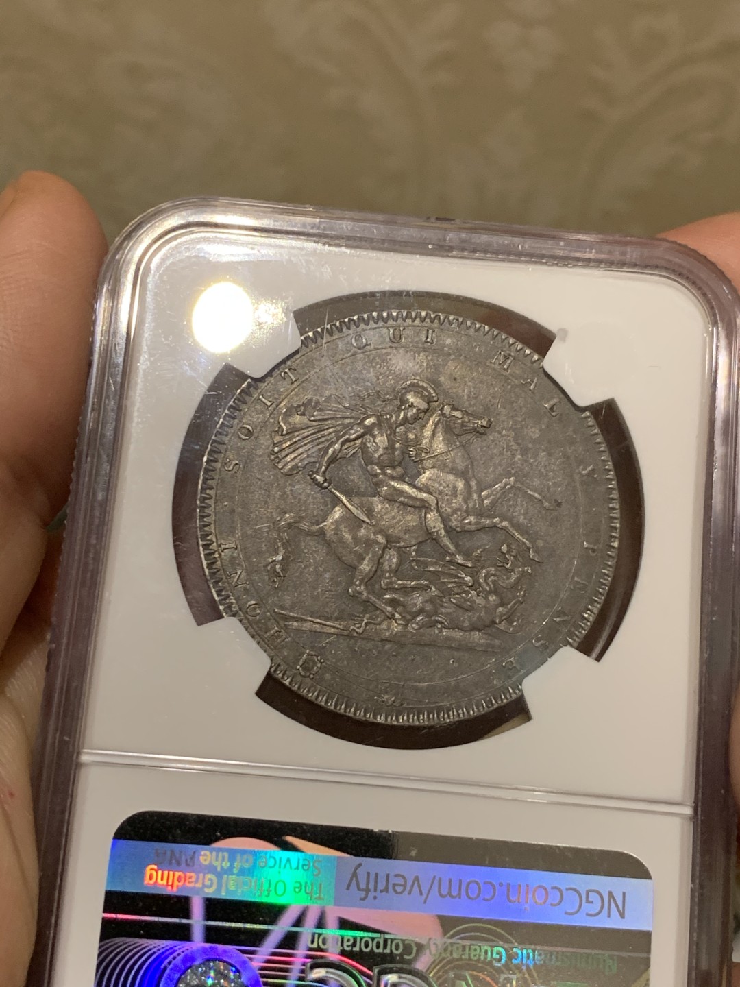 《竞宝斋》第55场-本周日，周一2场连拍（全场不限金额包邮） NGC AU55 1818 LVIII 乔治三世马剑克朗 原味好品 百年老包浆 味道一流