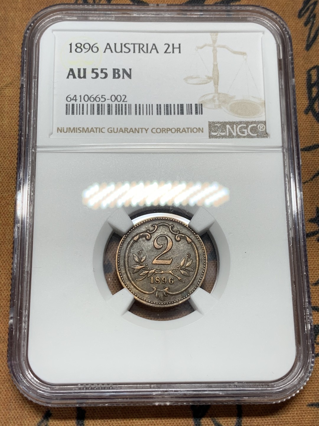 《竞宝斋》第55场-本周日，周一2场连拍（全场不限金额包邮） NGC AU55 亚军分 奥匈帝国 1896年 2赫勒 外拍高价