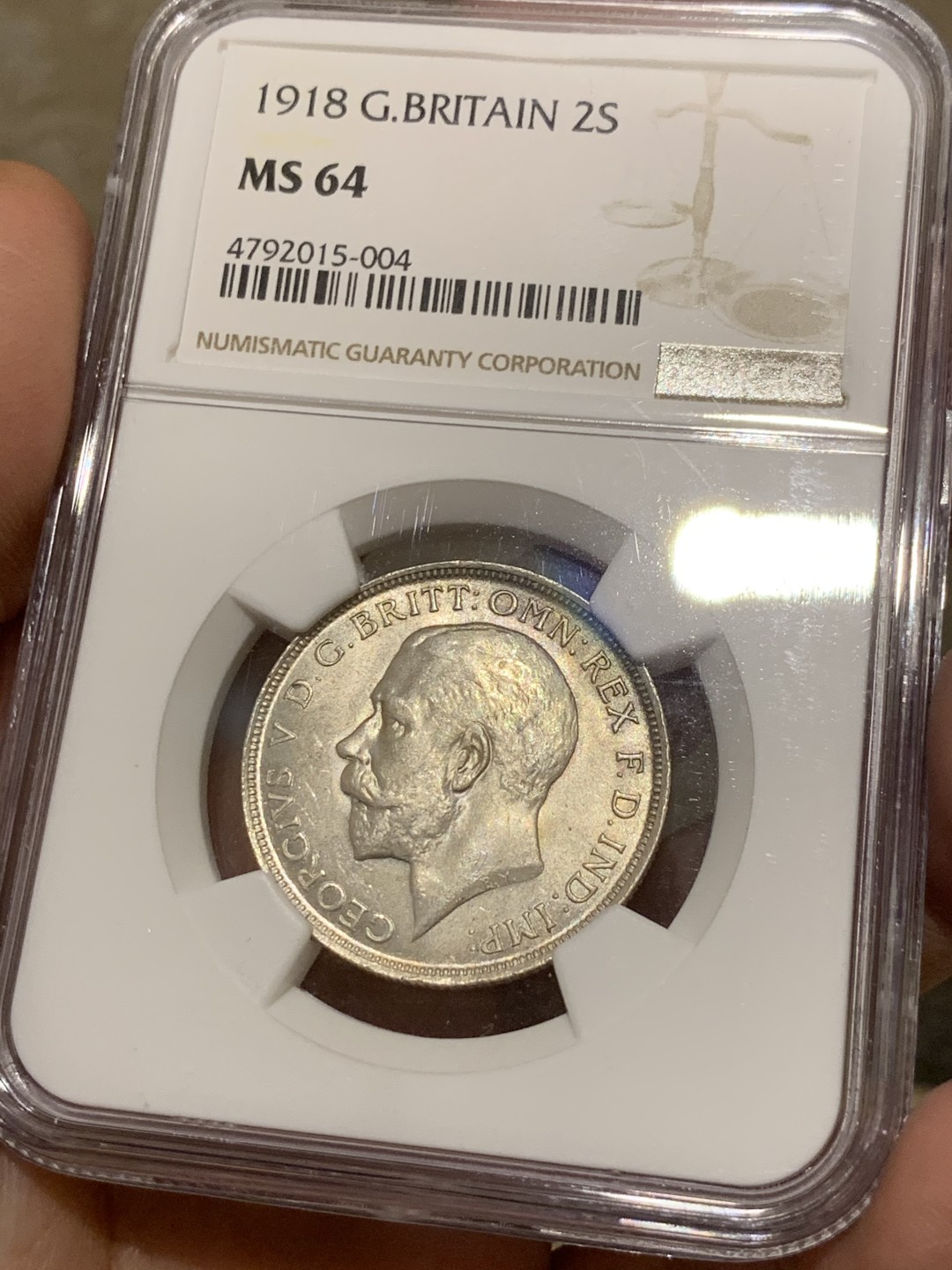 《竞宝斋》第55场-本周日，周一2场连拍（全场不限金额包邮） NGC MS64 1918年英国乔治五世弗洛林 高银板非常少见 更高分仅三枚！