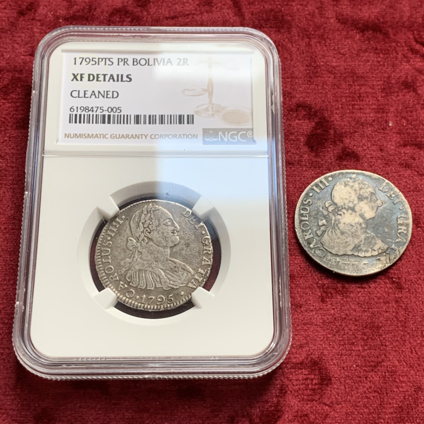 《竞宝斋》第55场-本周日，周一2场连拍（全场不限金额包邮） 西属玻利维亚卡四，西属智利卡三双柱2R银币2枚