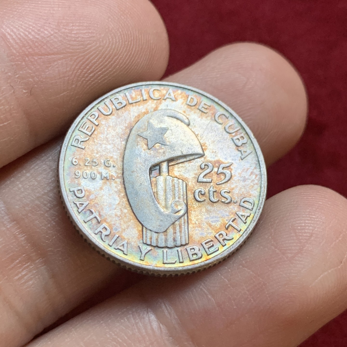 《竞宝斋》第55场-本周日，周一2场连拍（全场不限金额包邮） 古巴 1953年 何塞 纪念 25分银币 双面炫五彩