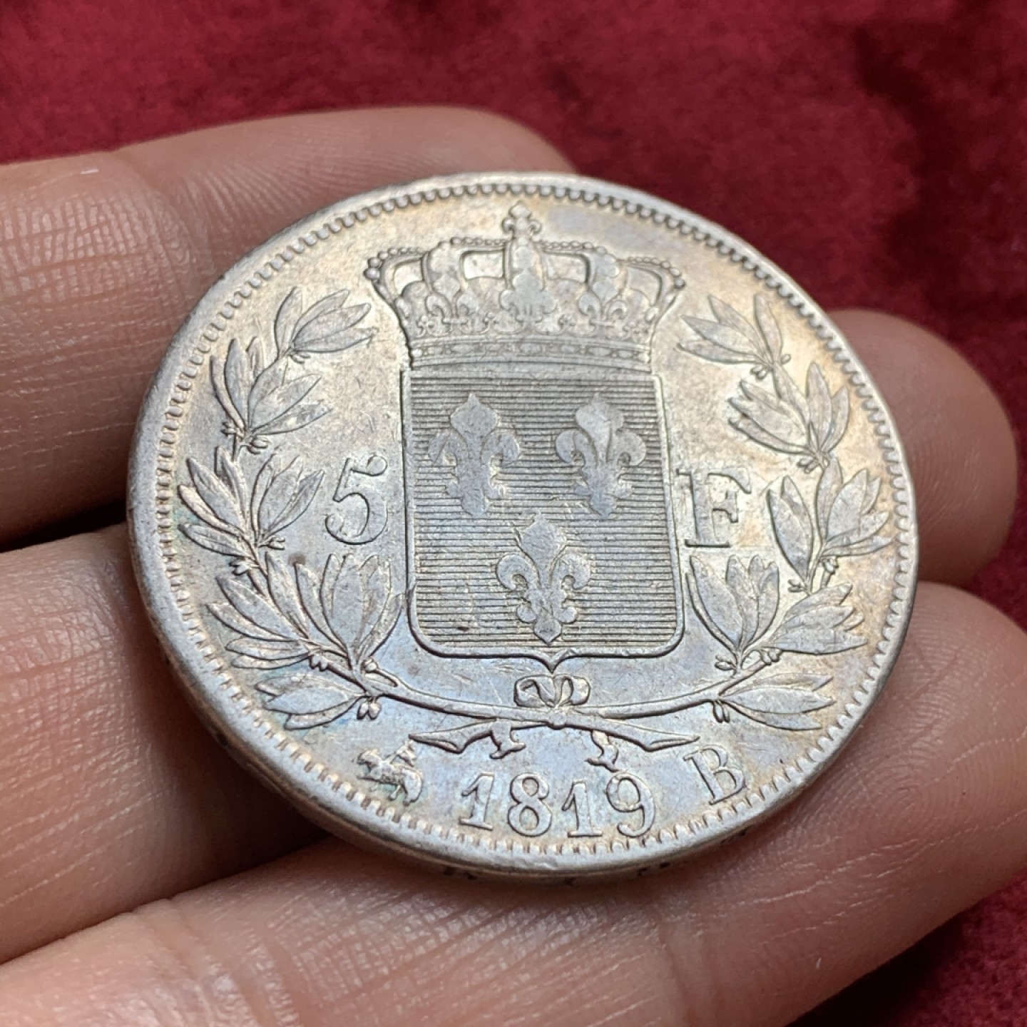 《竞宝斋》第55场-本周日，周一2场连拍（全场不限金额包邮） 法国1819年路易十八5法郎B版 大银币 细节见图