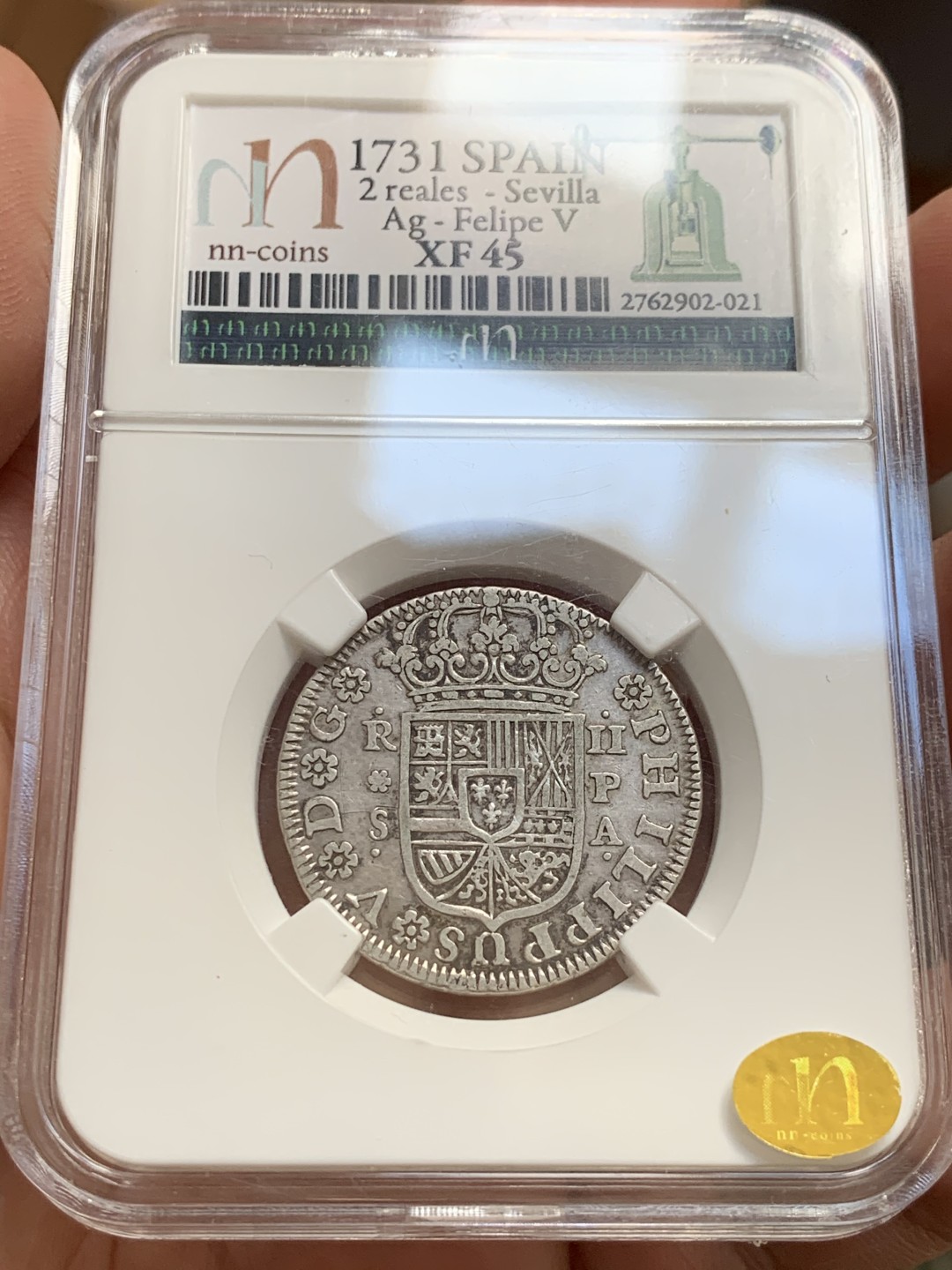 《竞宝斋》第55场-本周日，周一2场连拍（全场不限金额包邮） 西班牙菲利普五世1731塞维利亚厂2R银币