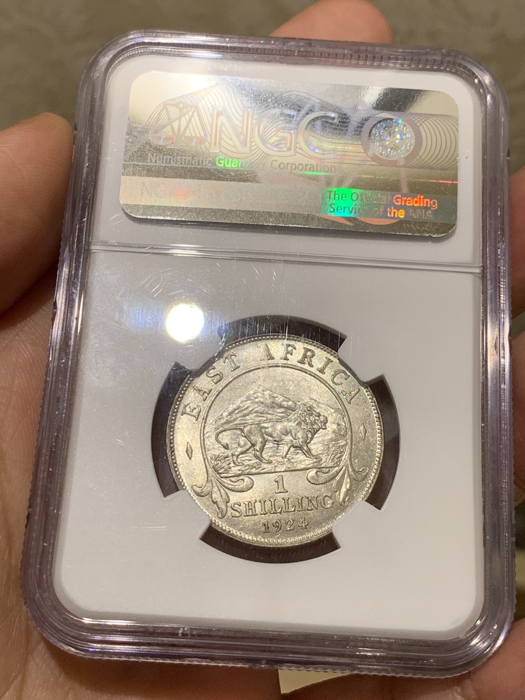 《竞宝斋》第55场-本周日，周一2场连拍（全场不限金额包邮） NGC-AU58 英属东非 1924年 乔治五世 1先令 银币 标签标注成了西非