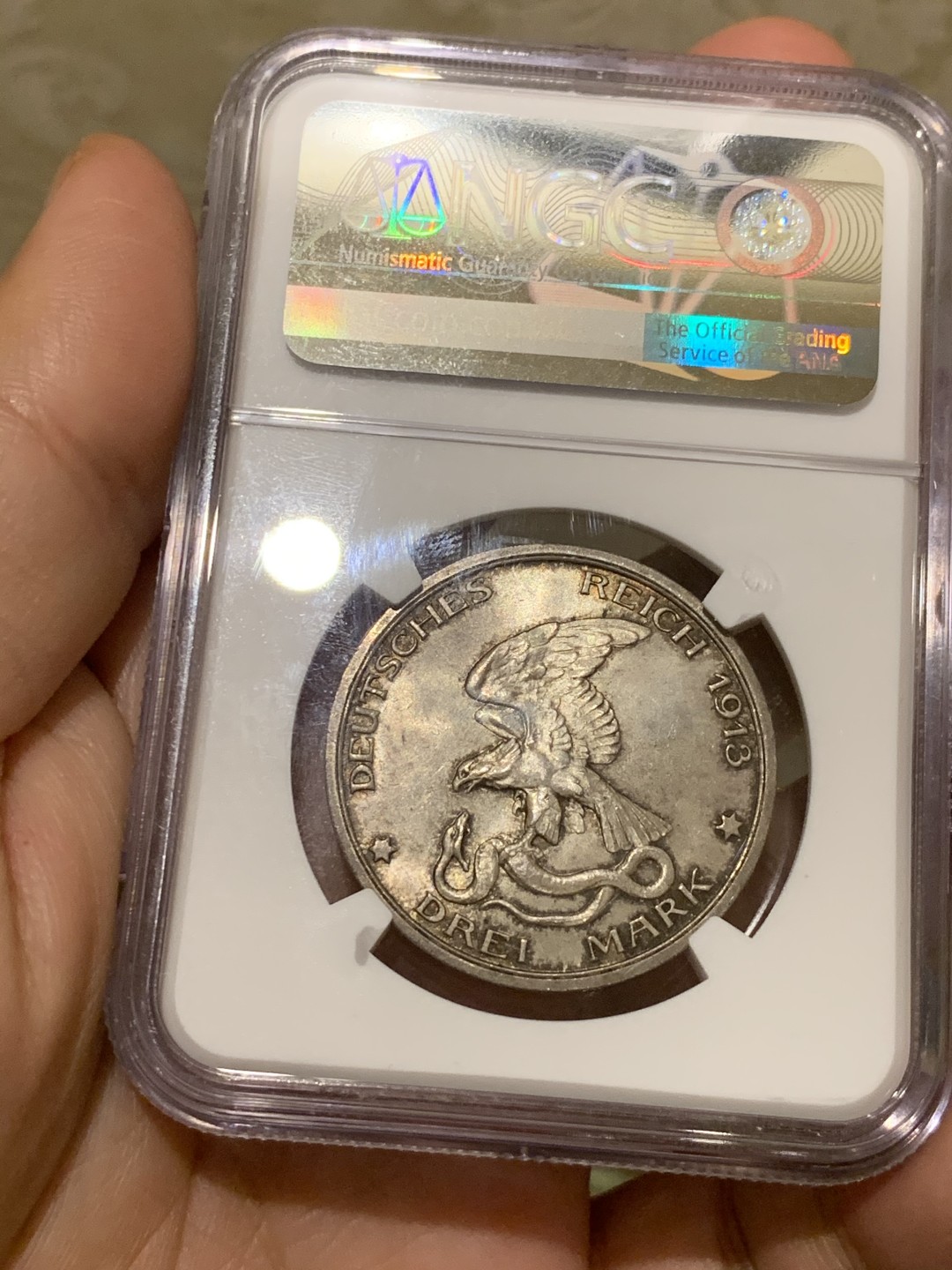 《竞宝斋》第55场-本周日，周一2场连拍（全场不限金额包邮） 1913年普鲁士普法战胜拿破仑三马克MS-64高评原味转光底板漂亮，原味+高分可遇不可求。