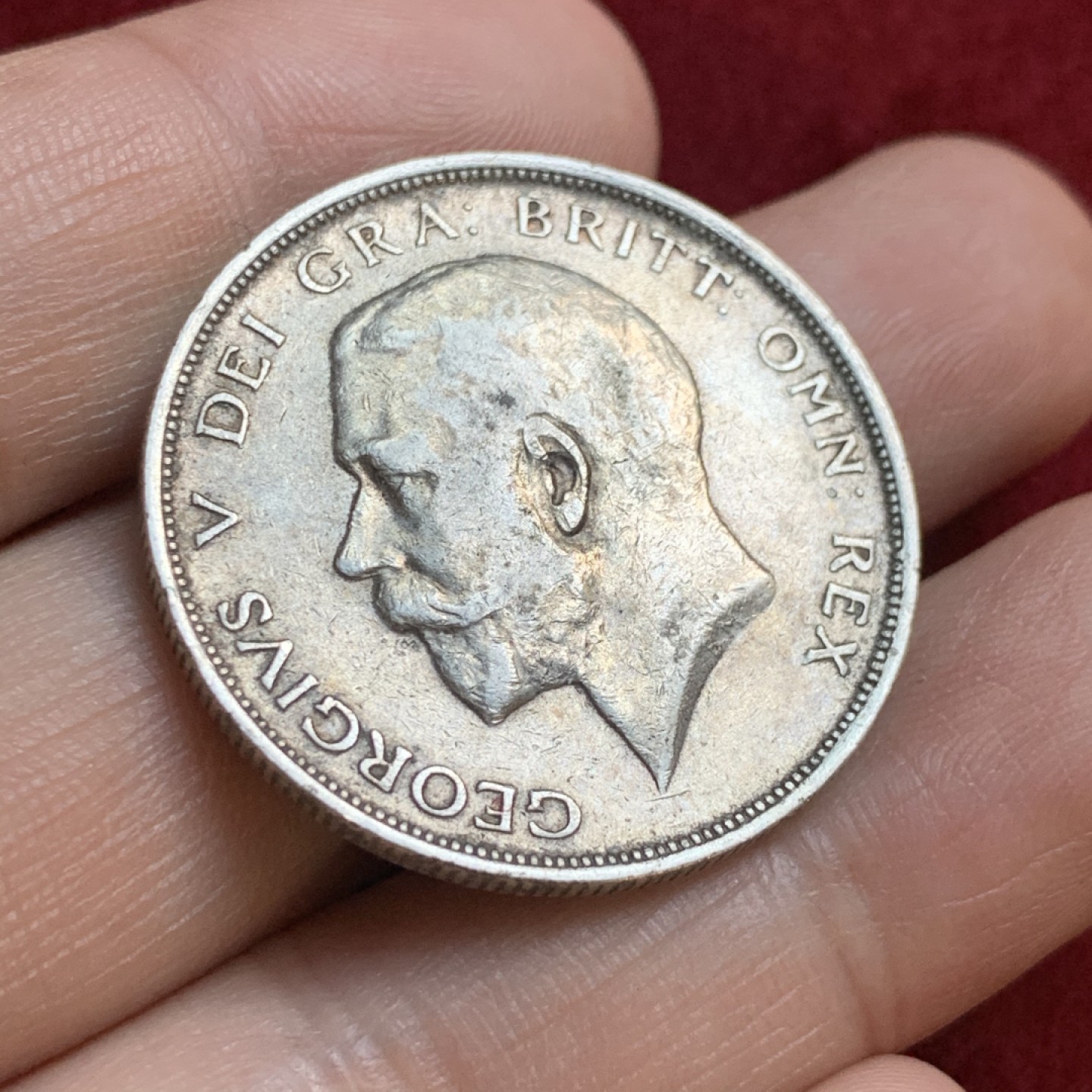 《竞宝斋》第55场-本周日，周一2场连拍（全场不限金额包邮） 英国 乔五 1914年 原味包浆 半克朗 银币  925高银版